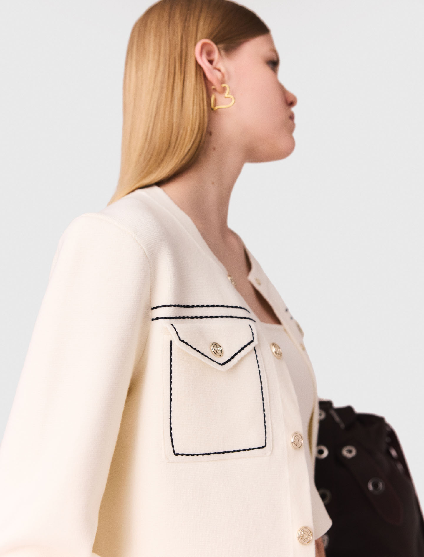 Topstitched cropped cardigan - Ecru