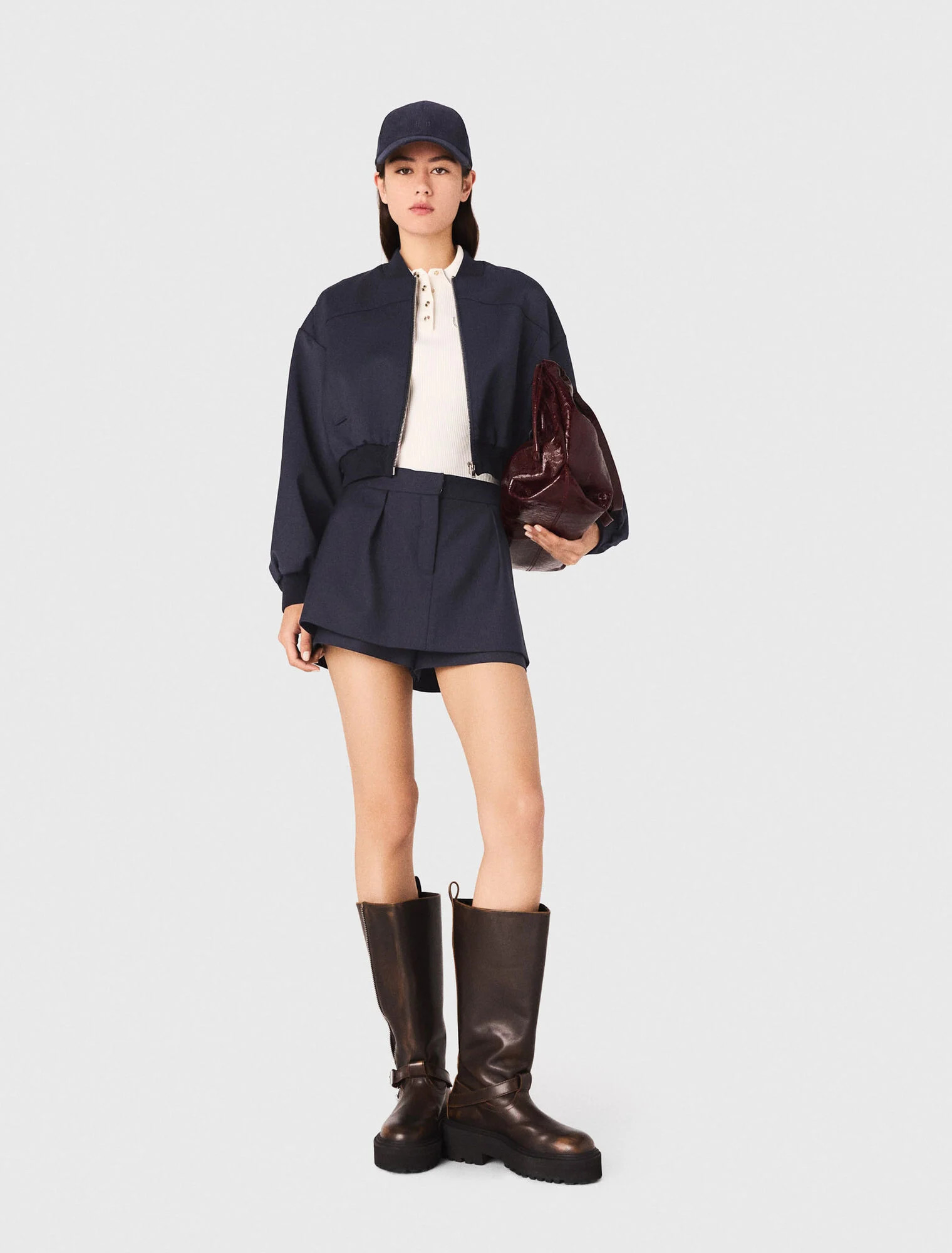 Zipped mixed wool bomber - Navy