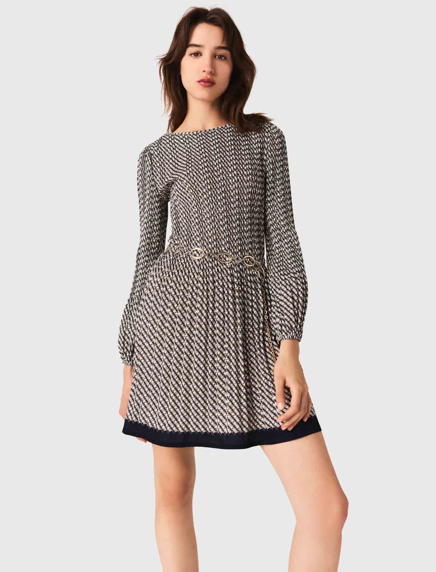 Patterned pleated dress - Ecru