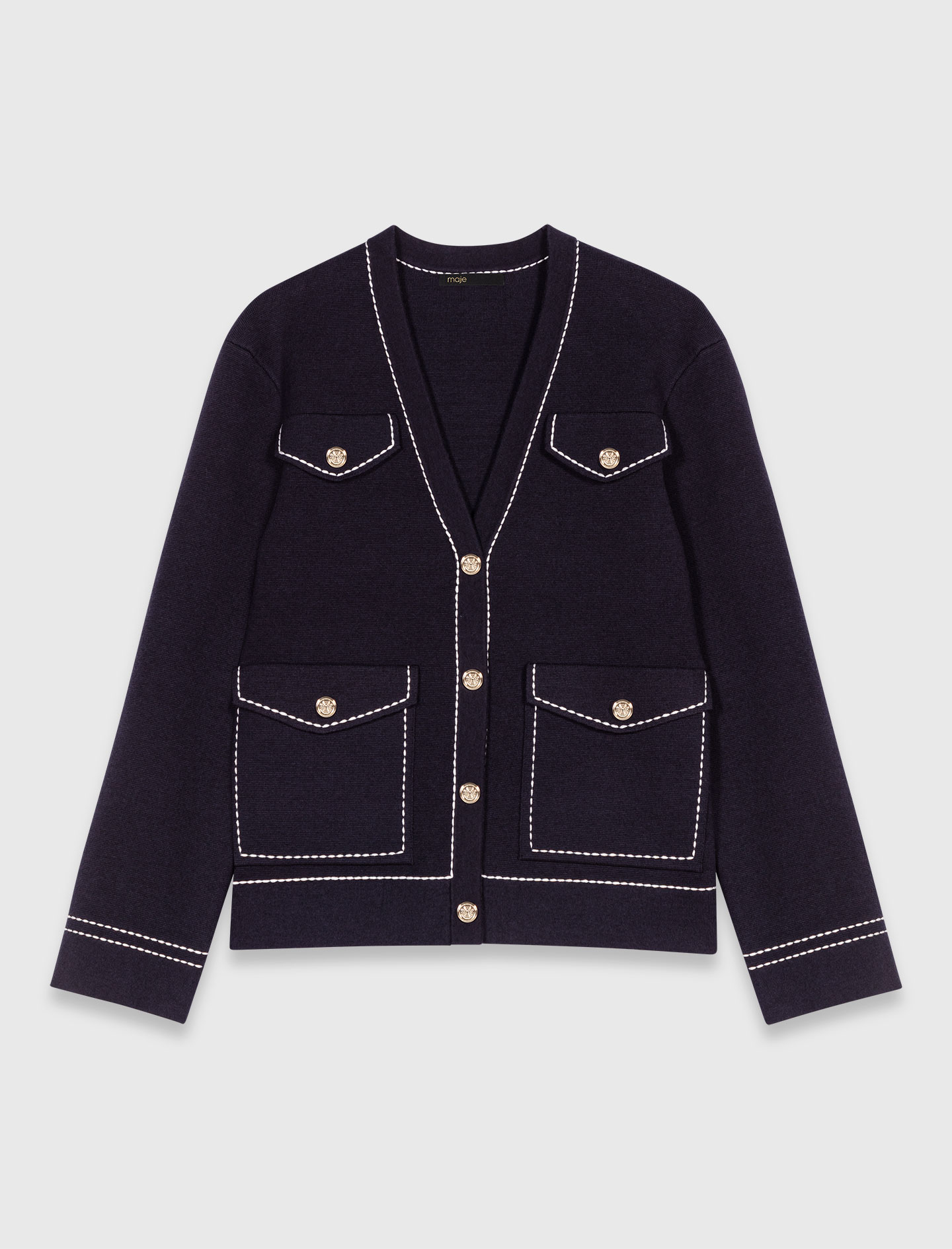 Long topstitched knit cardigan - Navy