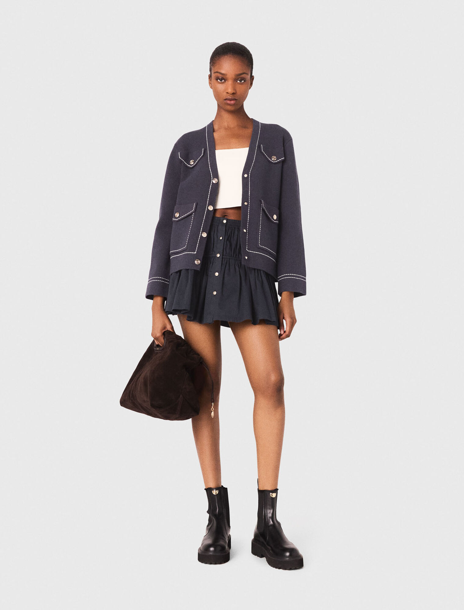 Long topstitched knit cardigan - Navy