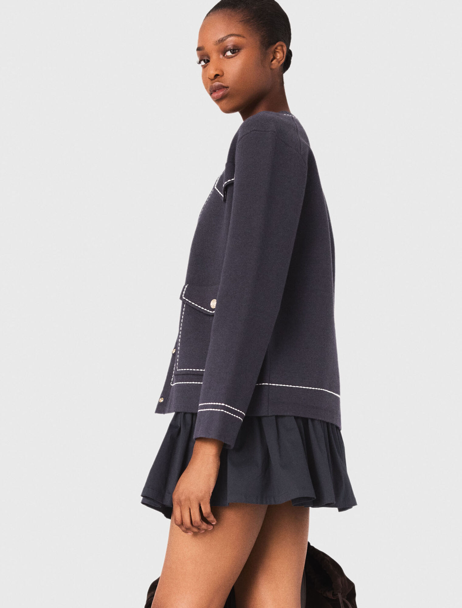 Long topstitched knit cardigan - Navy