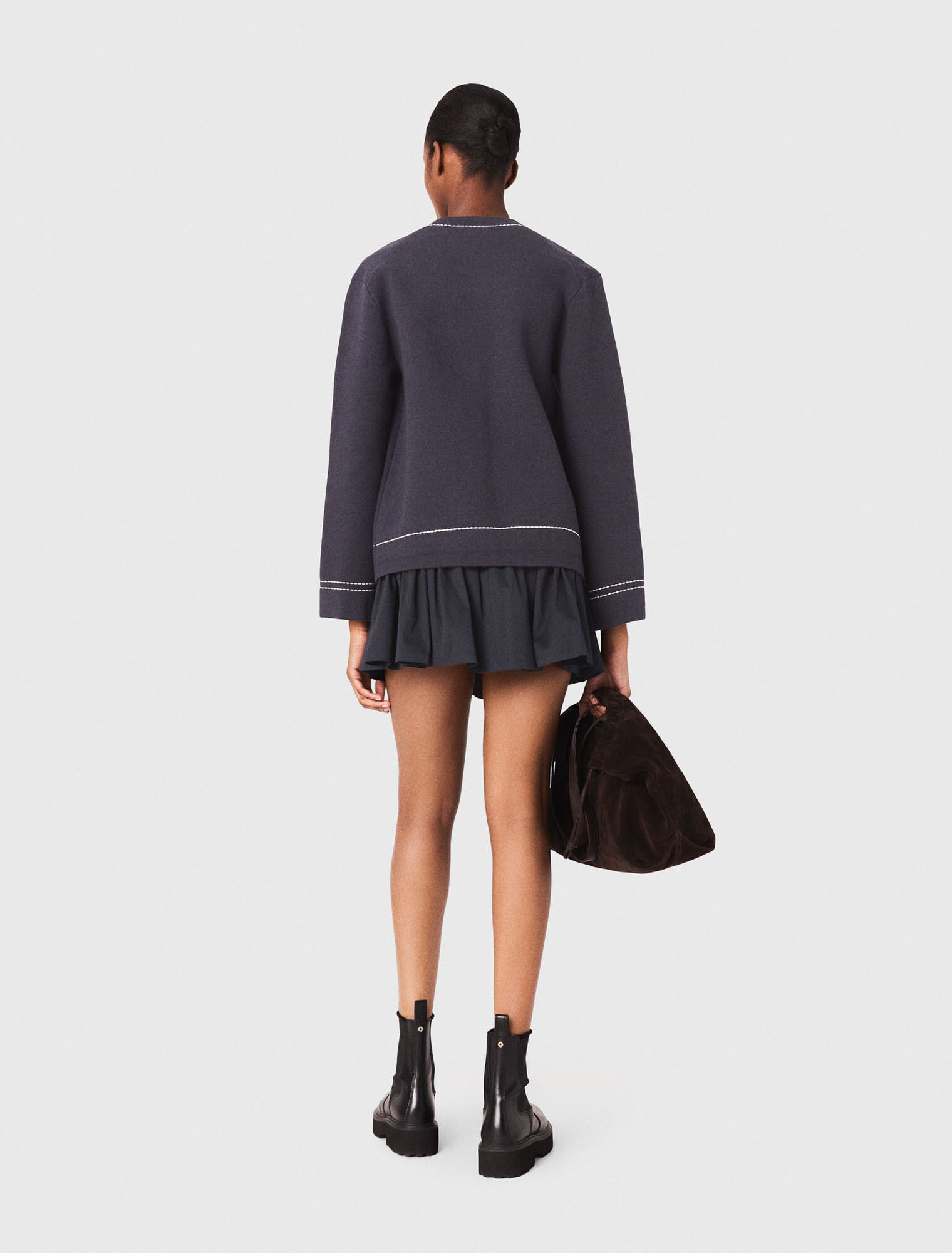Long topstitched knit cardigan - Navy