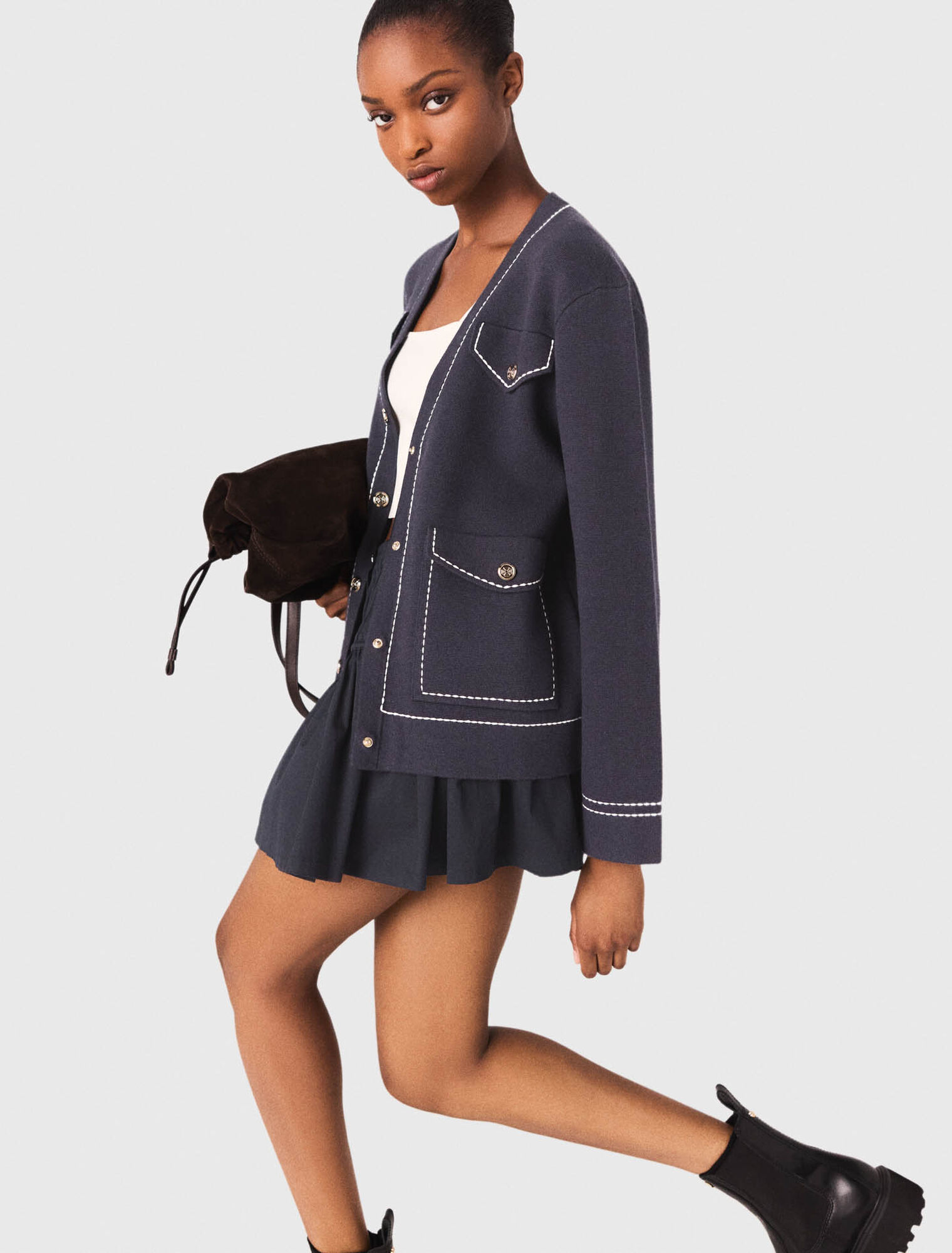 Long topstitched knit cardigan - Navy