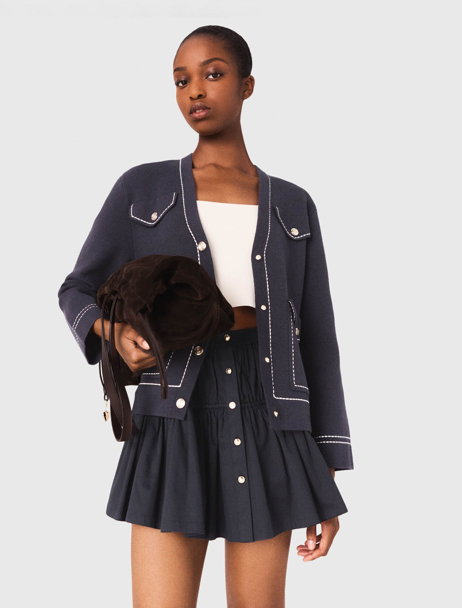 Long topstitched knit cardigan - Navy