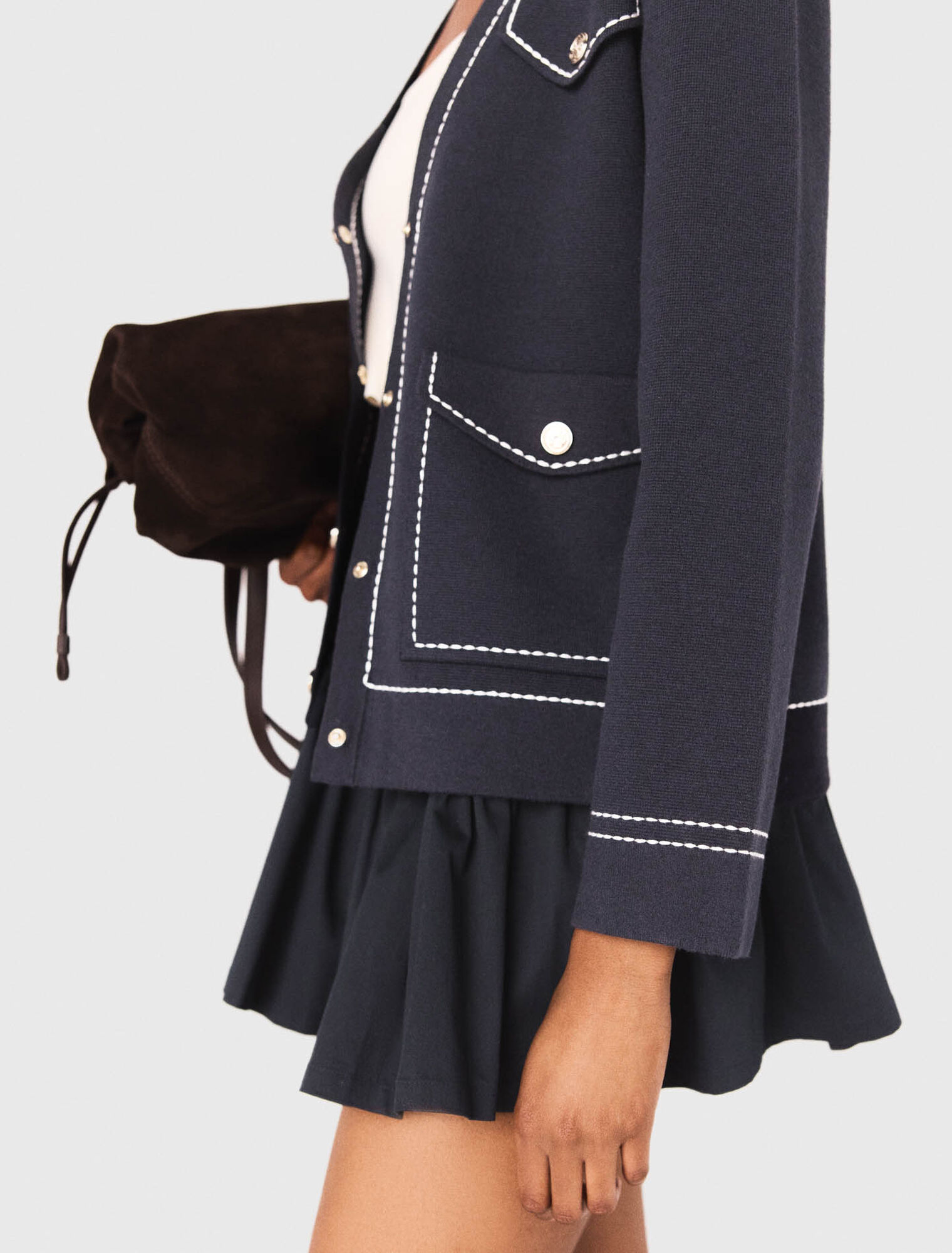 Long topstitched knit cardigan - Navy