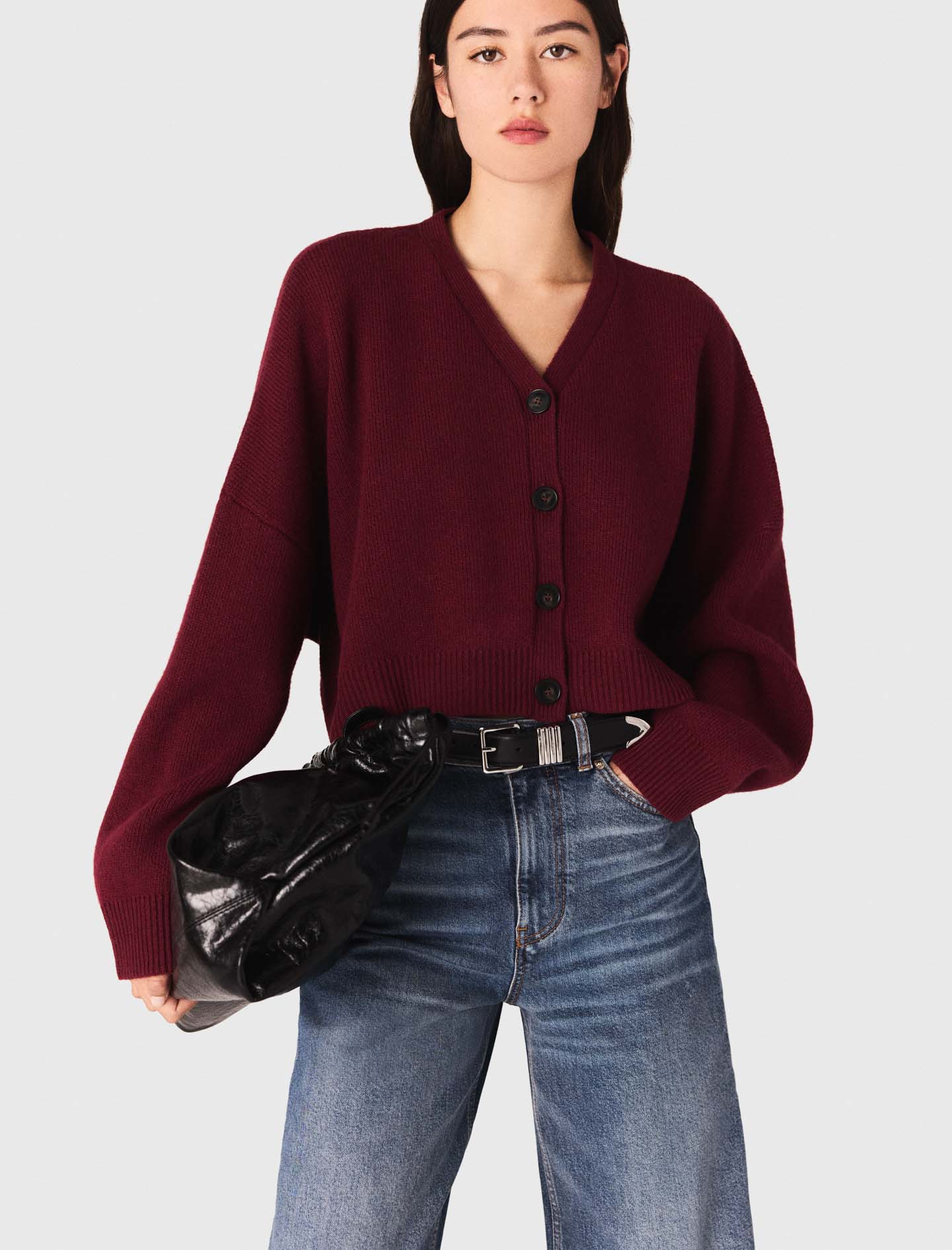 Cropped wool blend cardigan - Bordeaux