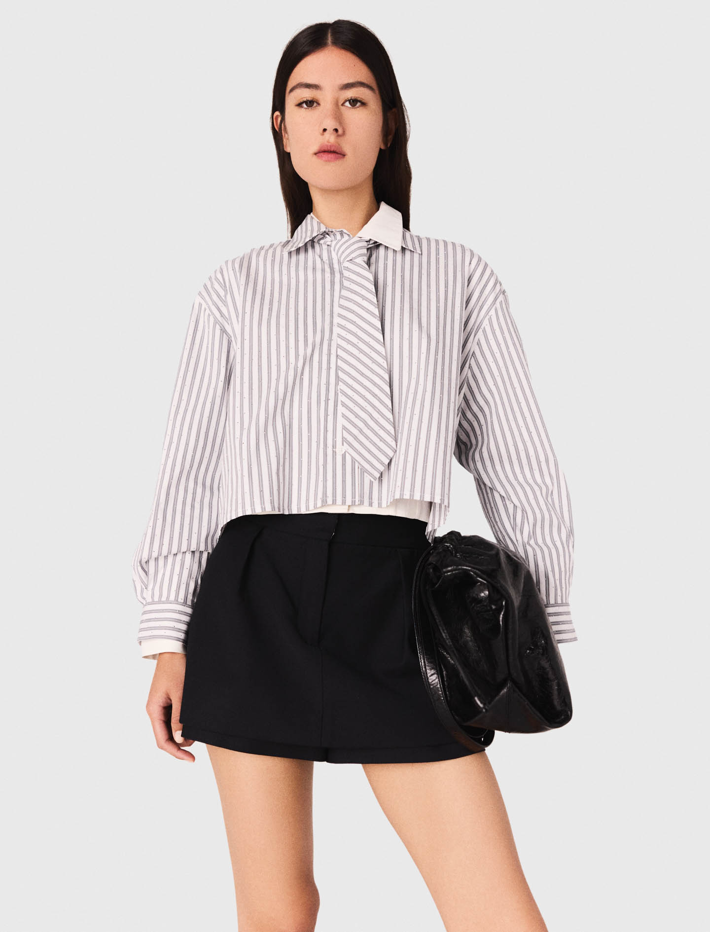 Striped rhinestone shirt with tie - Ecru