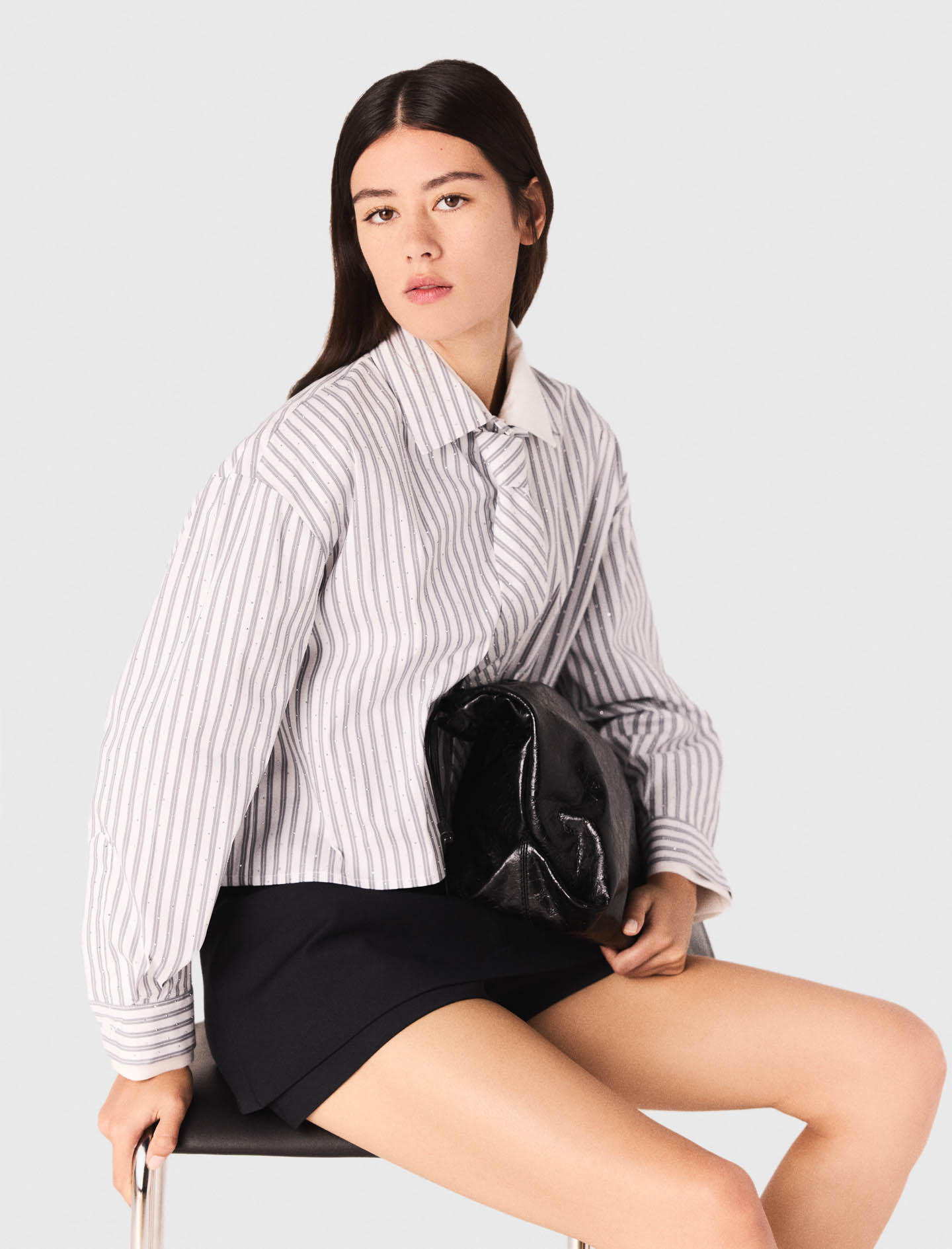 Striped rhinestone shirt with tie - Ecru