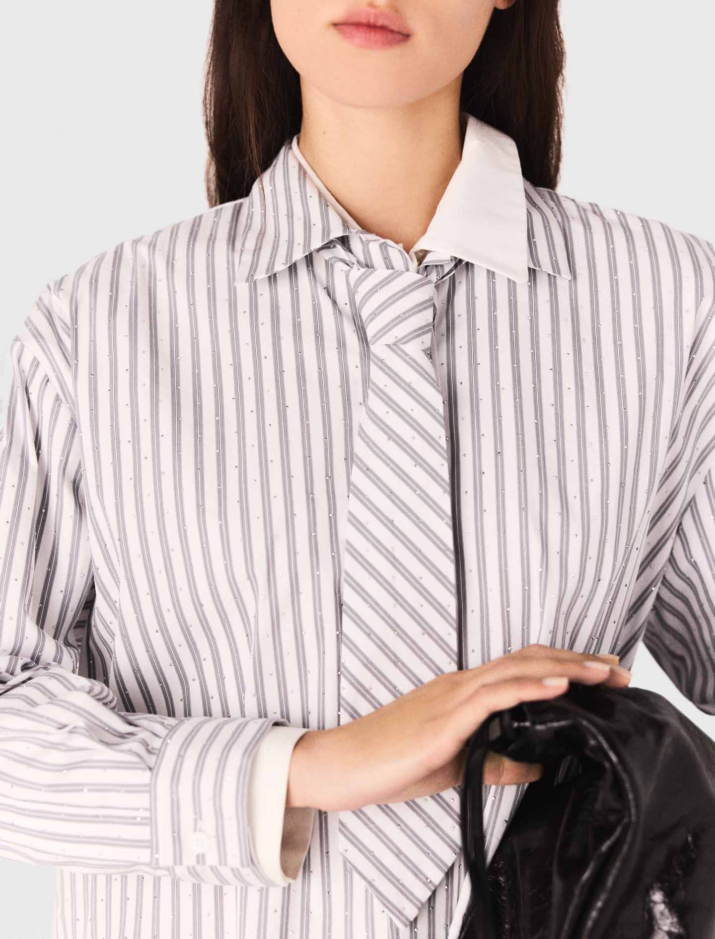 Striped rhinestone shirt with tie - Ecru