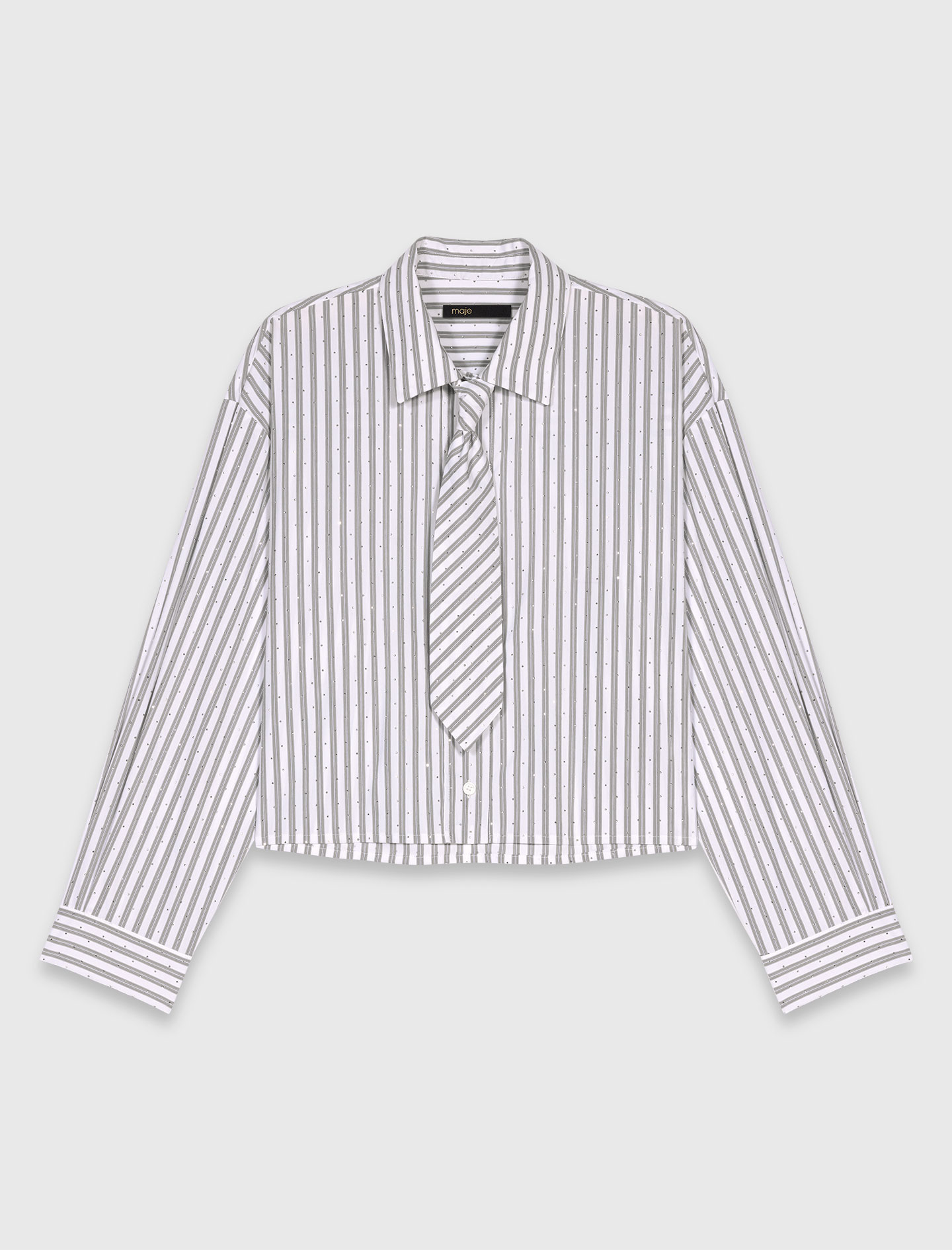 Striped rhinestone shirt with tie - Ecru