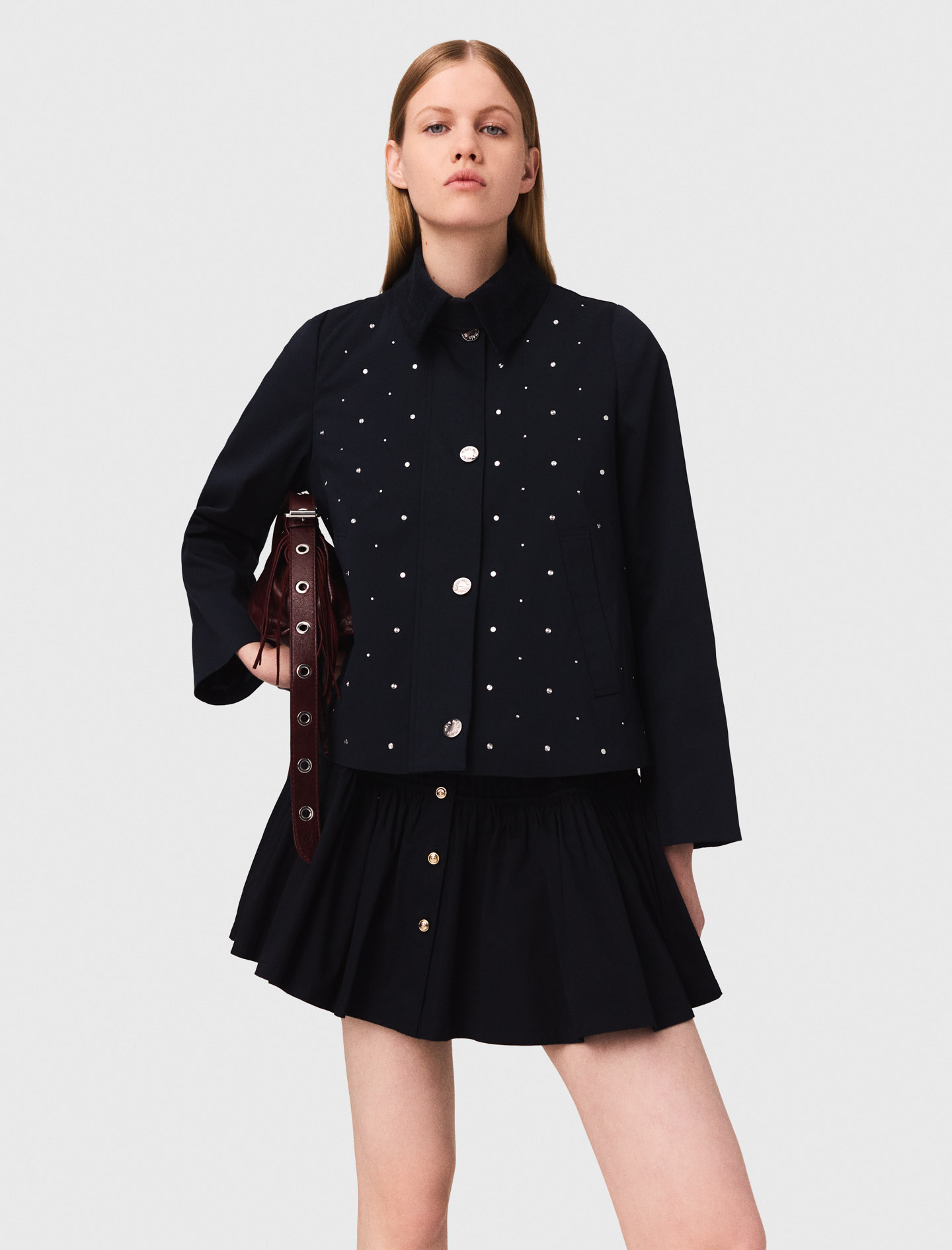 Cropped velvet collar jacket - Navy
