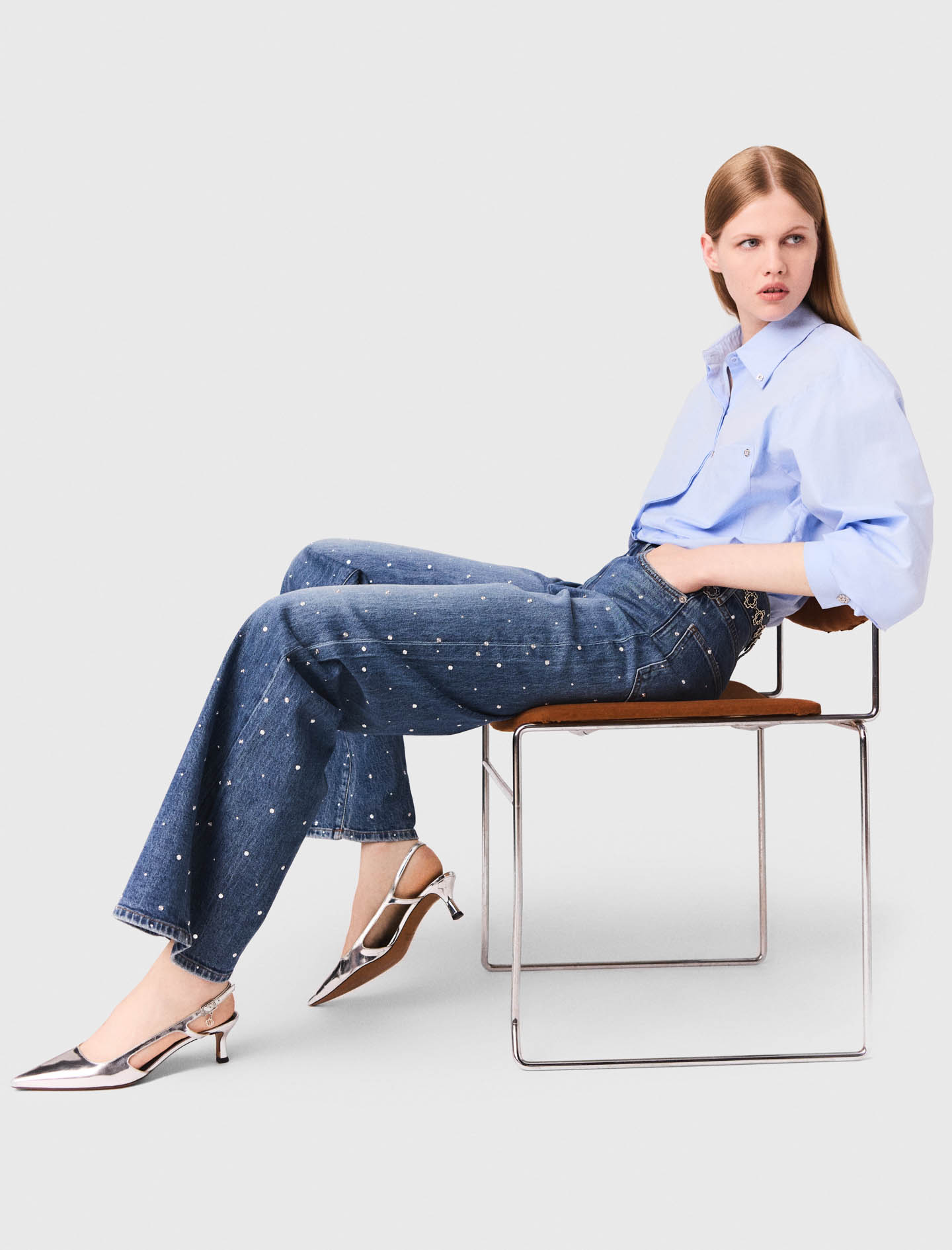 Wide leg denim jeans with studs - Blue
