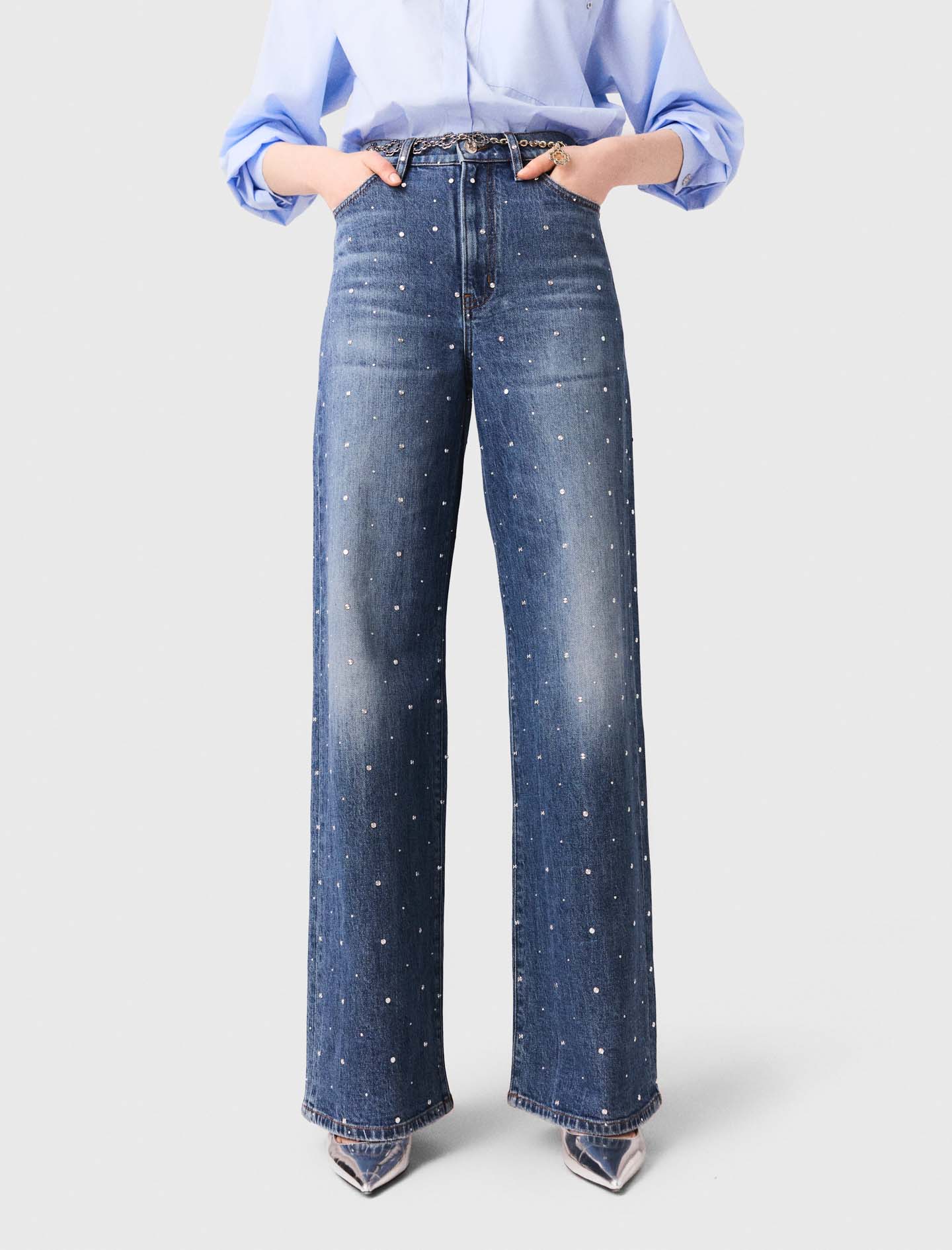 Wide leg denim jeans with studs - Blue