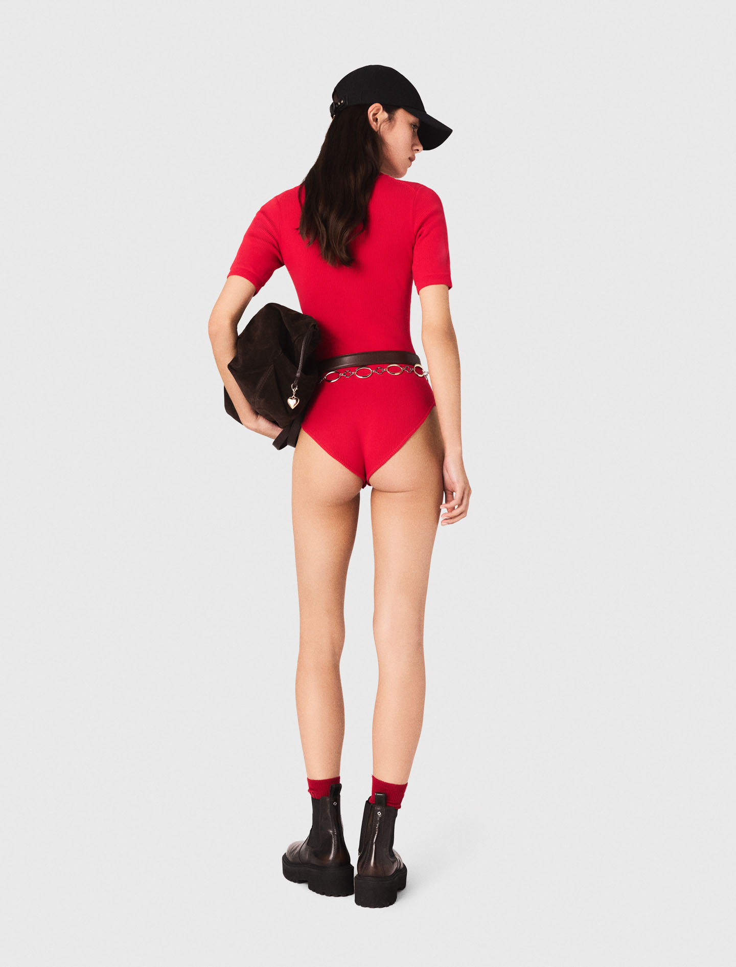Ribbed knit sleeve bodysuit - Red