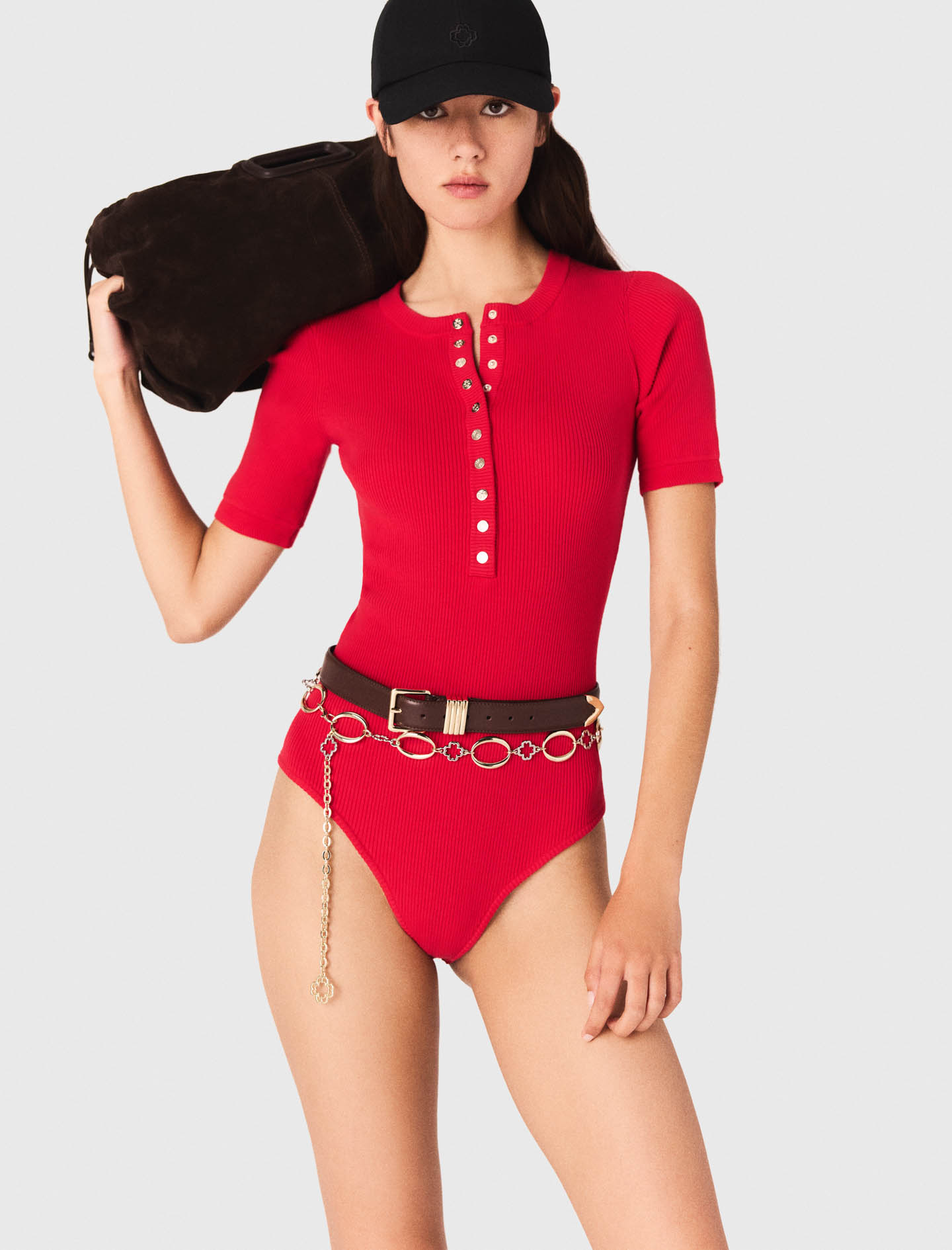 Ribbed knit sleeve bodysuit - Red