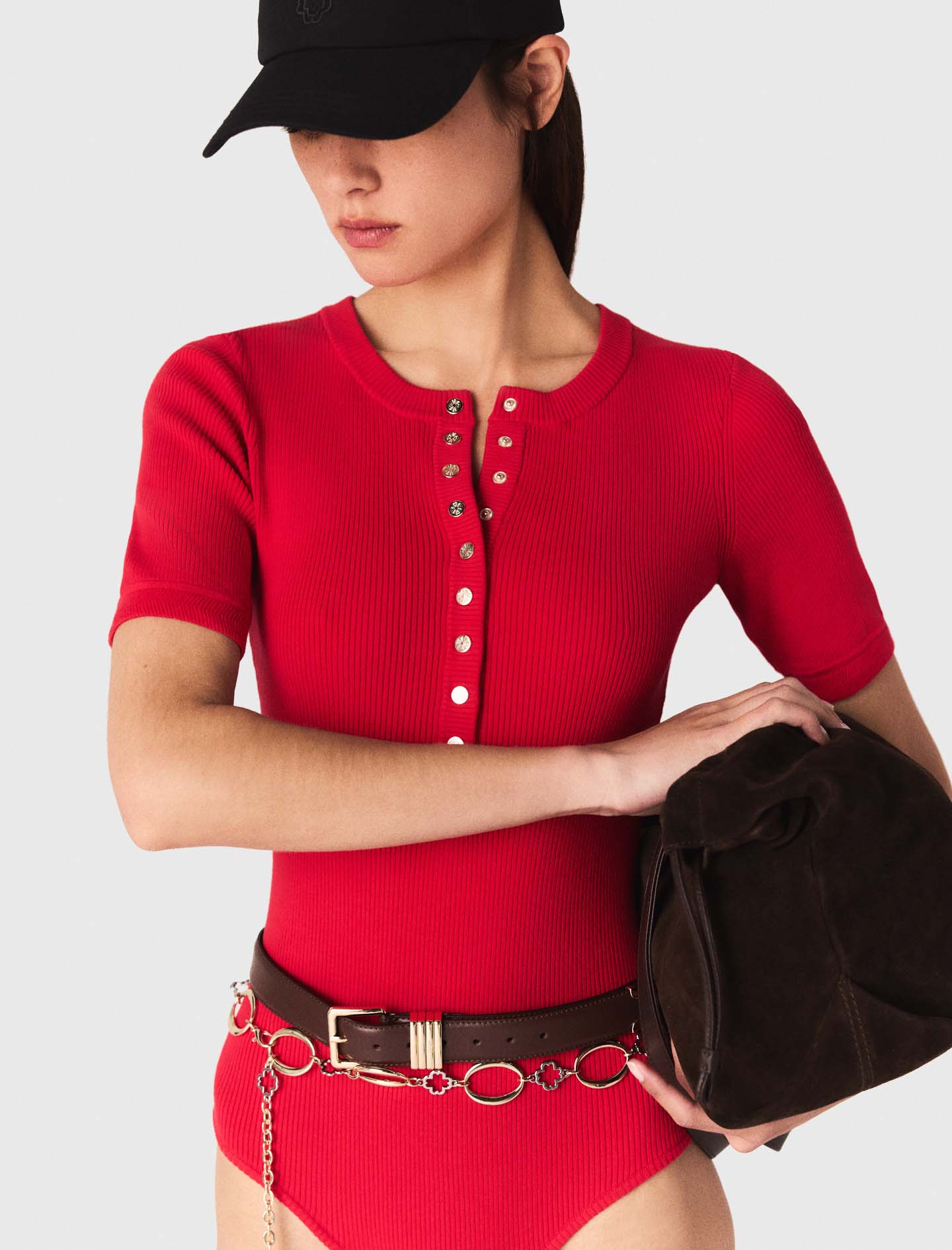 Ribbed knit sleeve bodysuit - Red