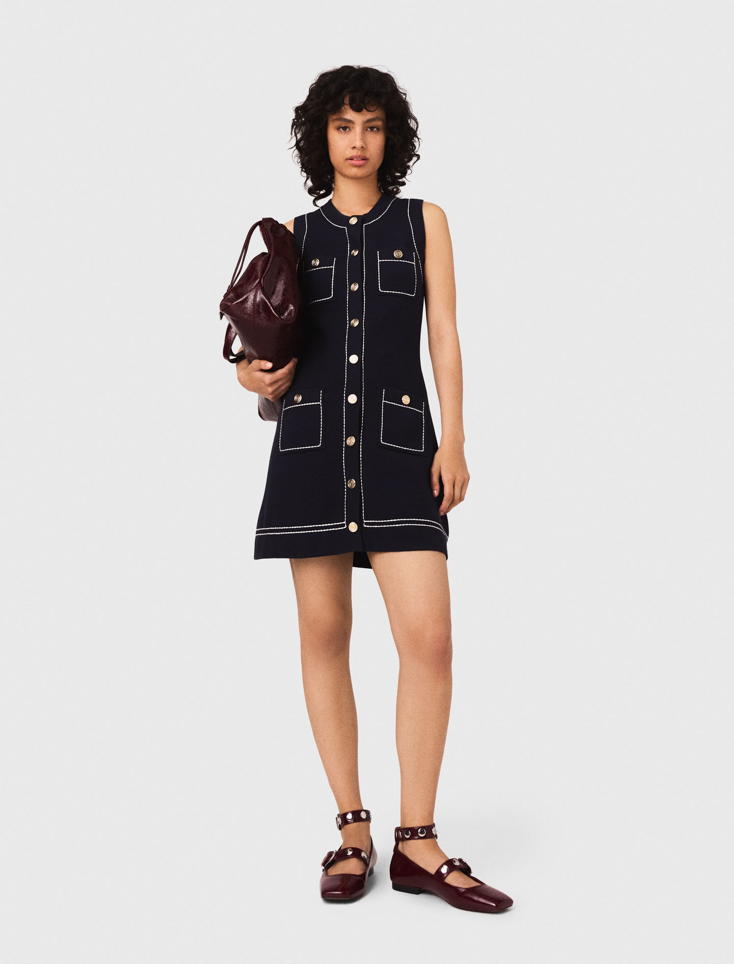 Topstitched knit shift dress - Navy