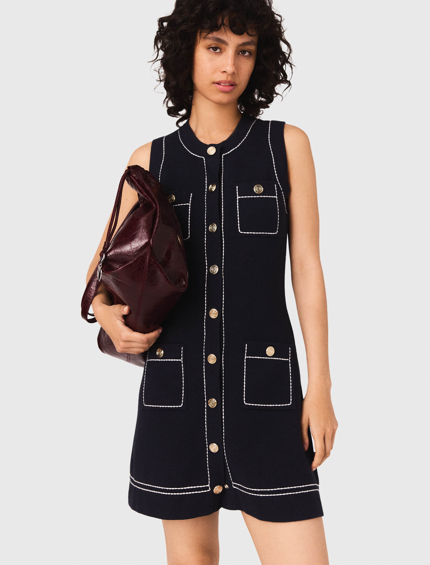 Topstitched knit shift dress - Navy