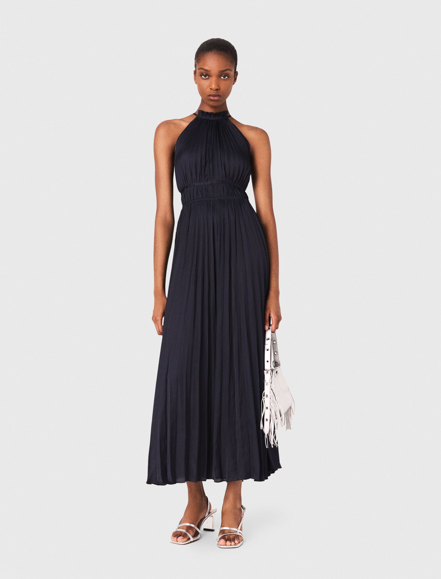 Pleated satin maxi dress - Navy