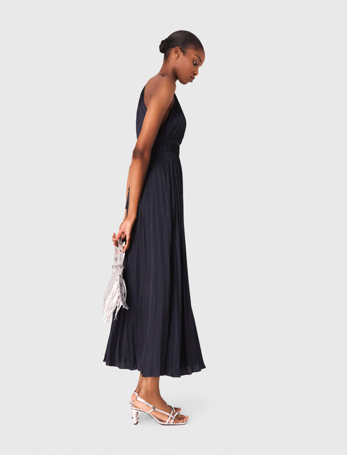 Pleated satin maxi dress - Navy