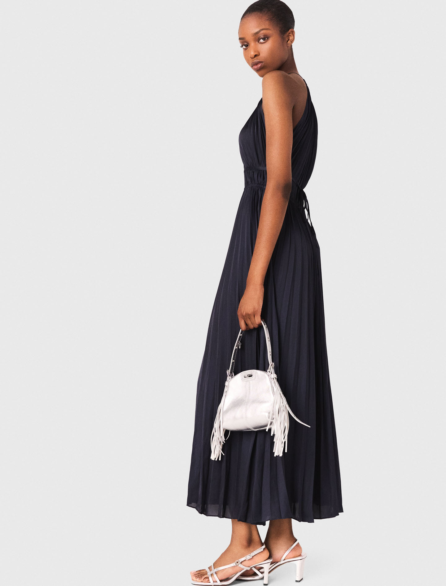 Pleated satin maxi dress - Navy