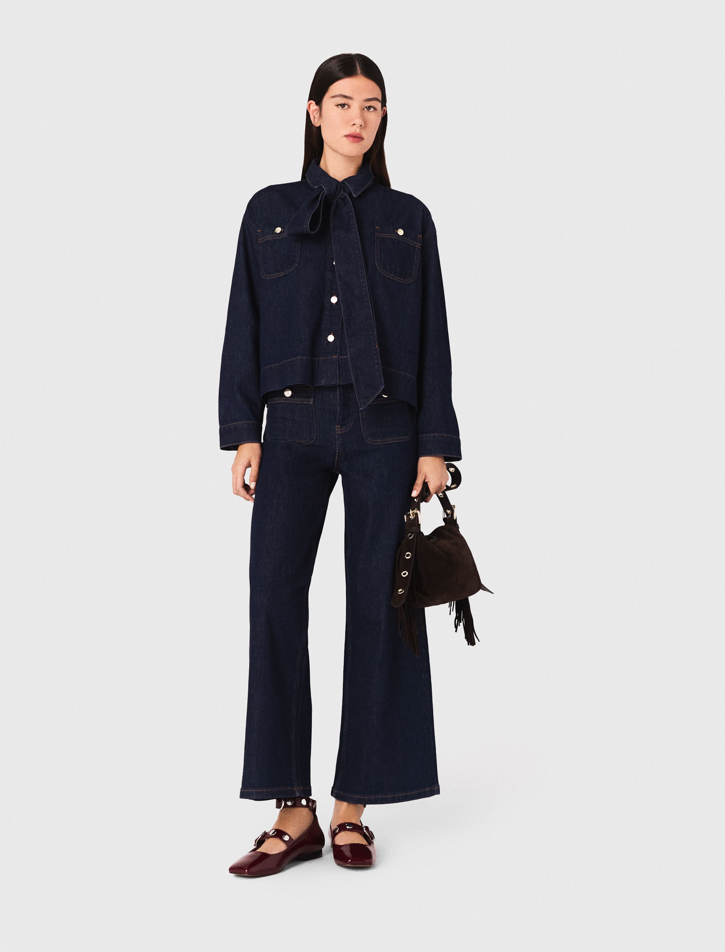 Denim shirt with pussy bow - Navy