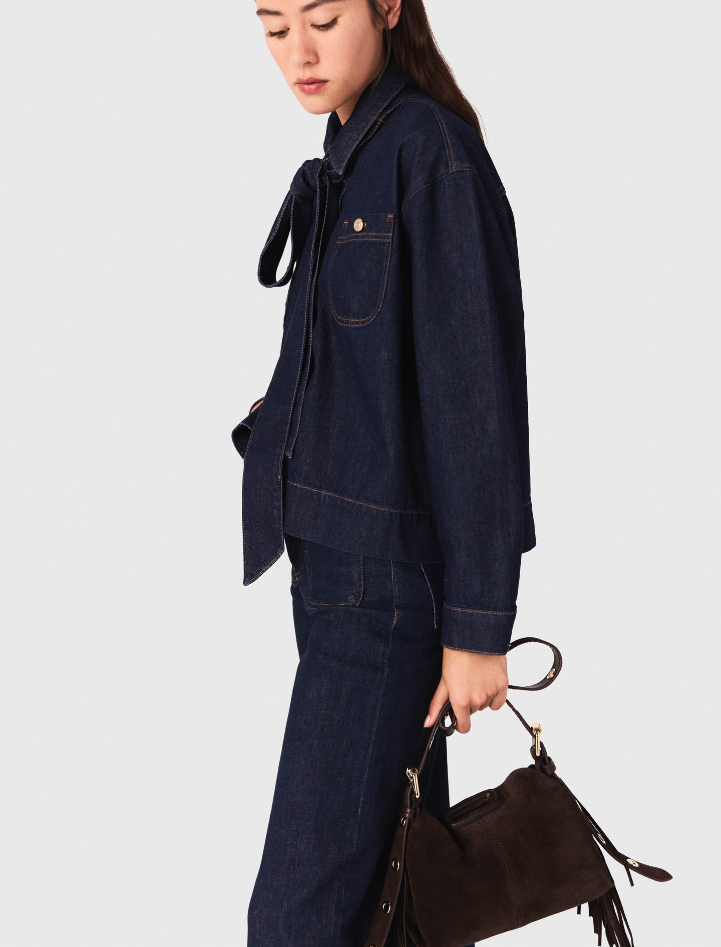 Denim shirt with pussy bow - Navy