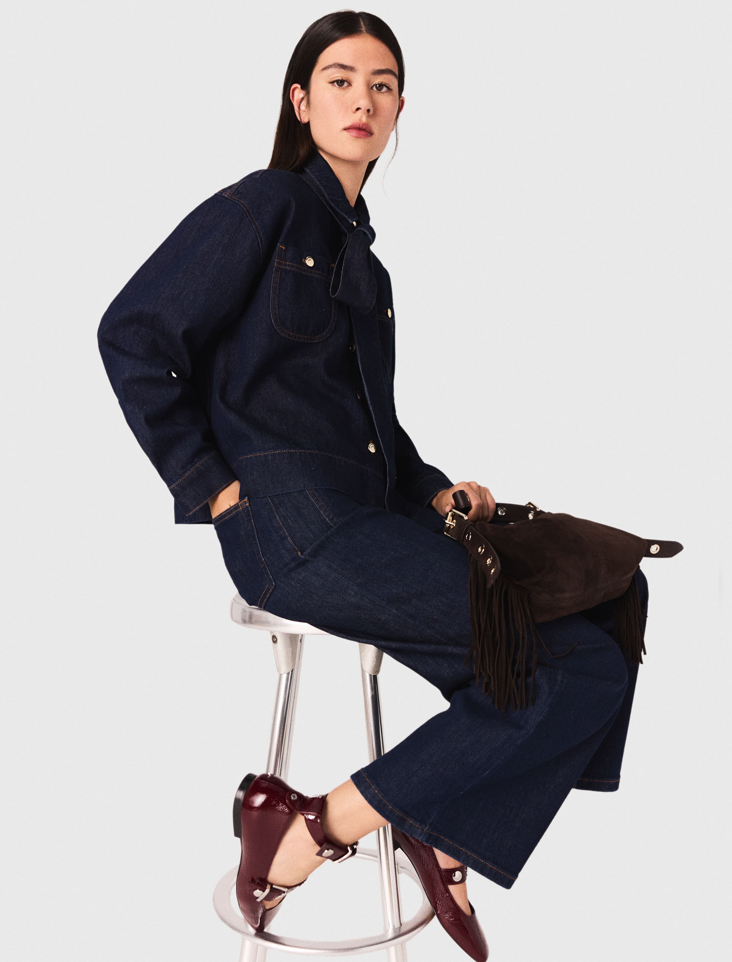 Denim shirt with pussy bow - Navy