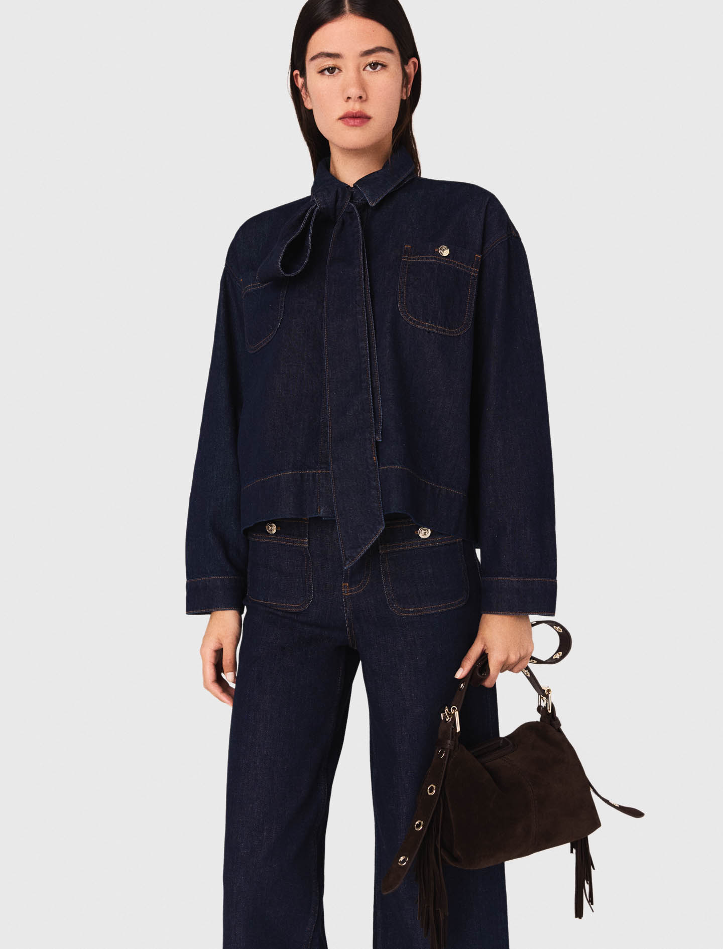 Denim shirt with pussy bow - Navy