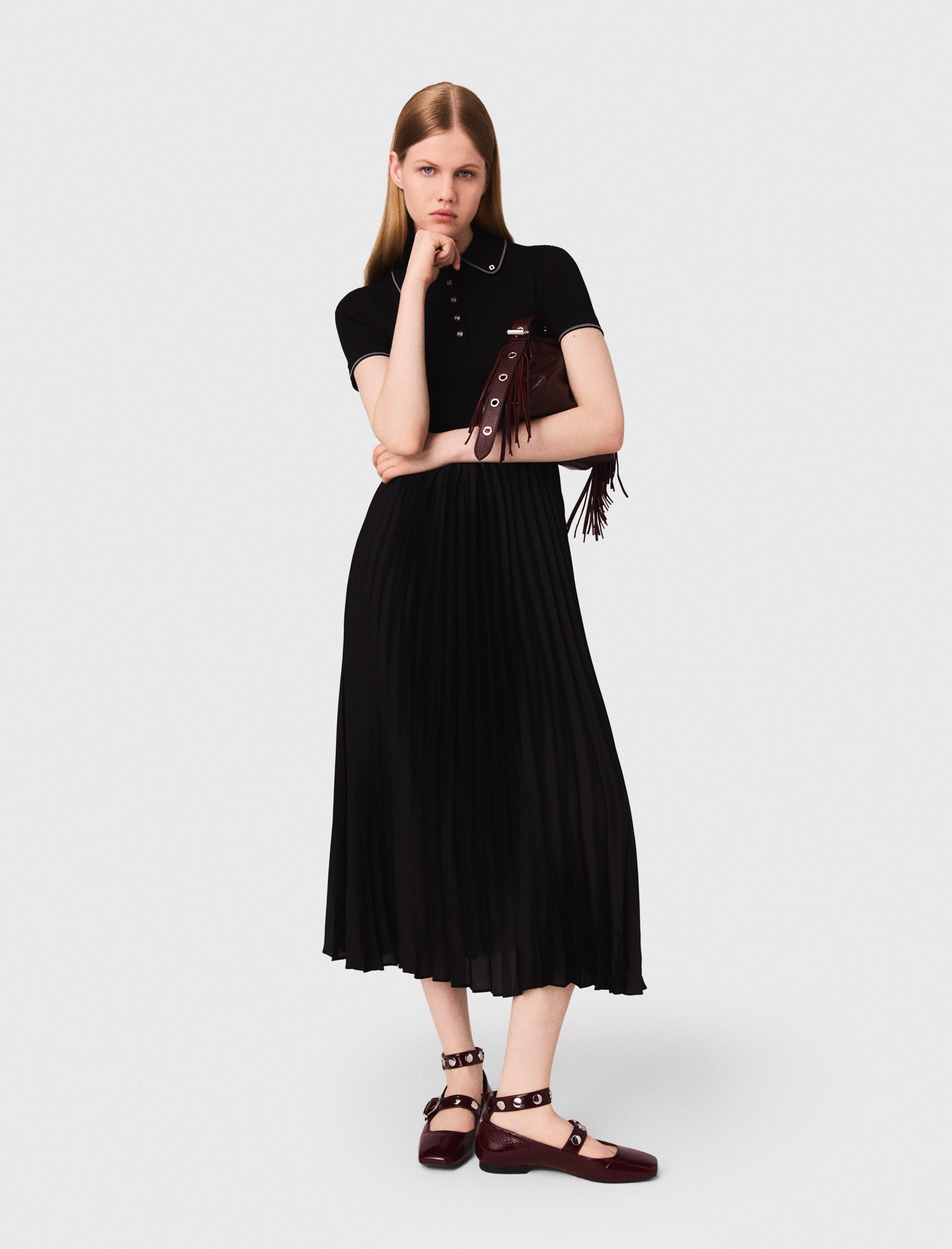 Pleated maxi dress with polo collar - Black