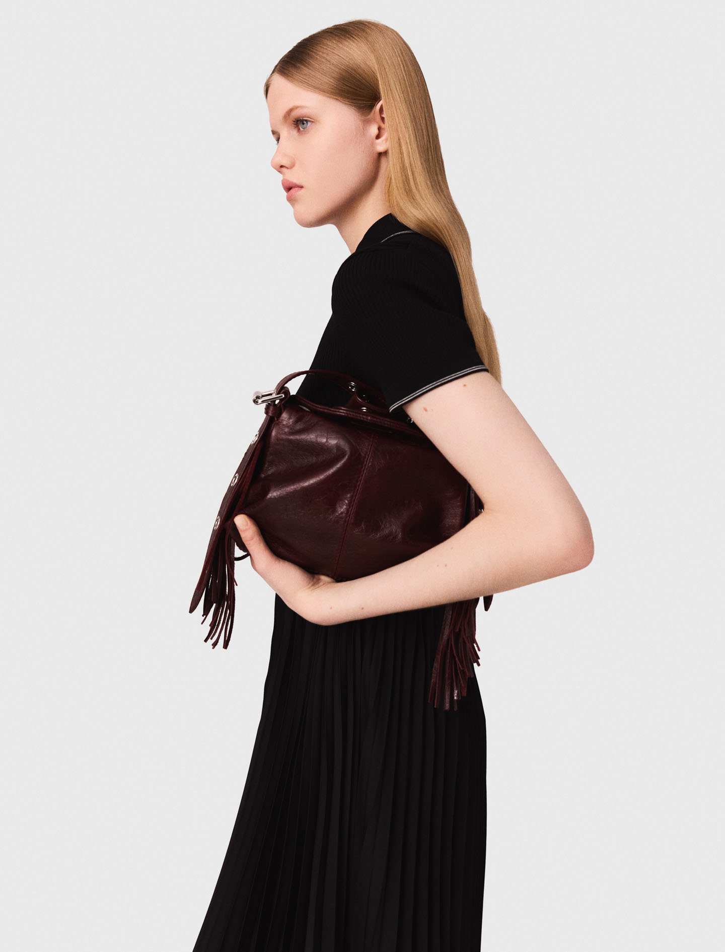 Pleated maxi dress with polo collar - Black