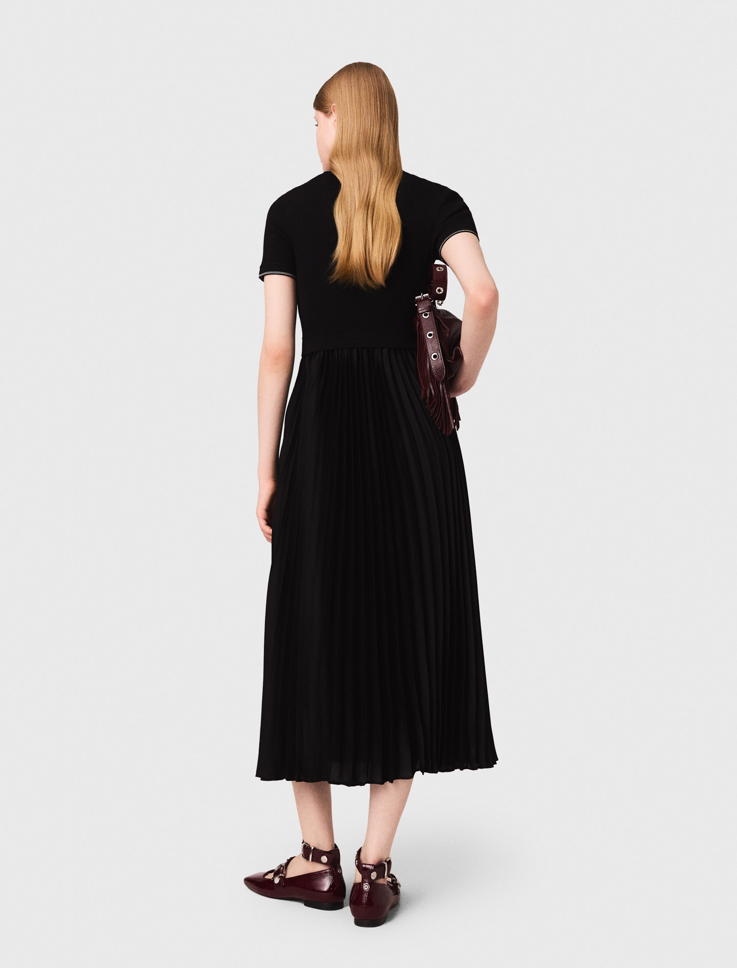 Pleated maxi dress with polo collar - Black