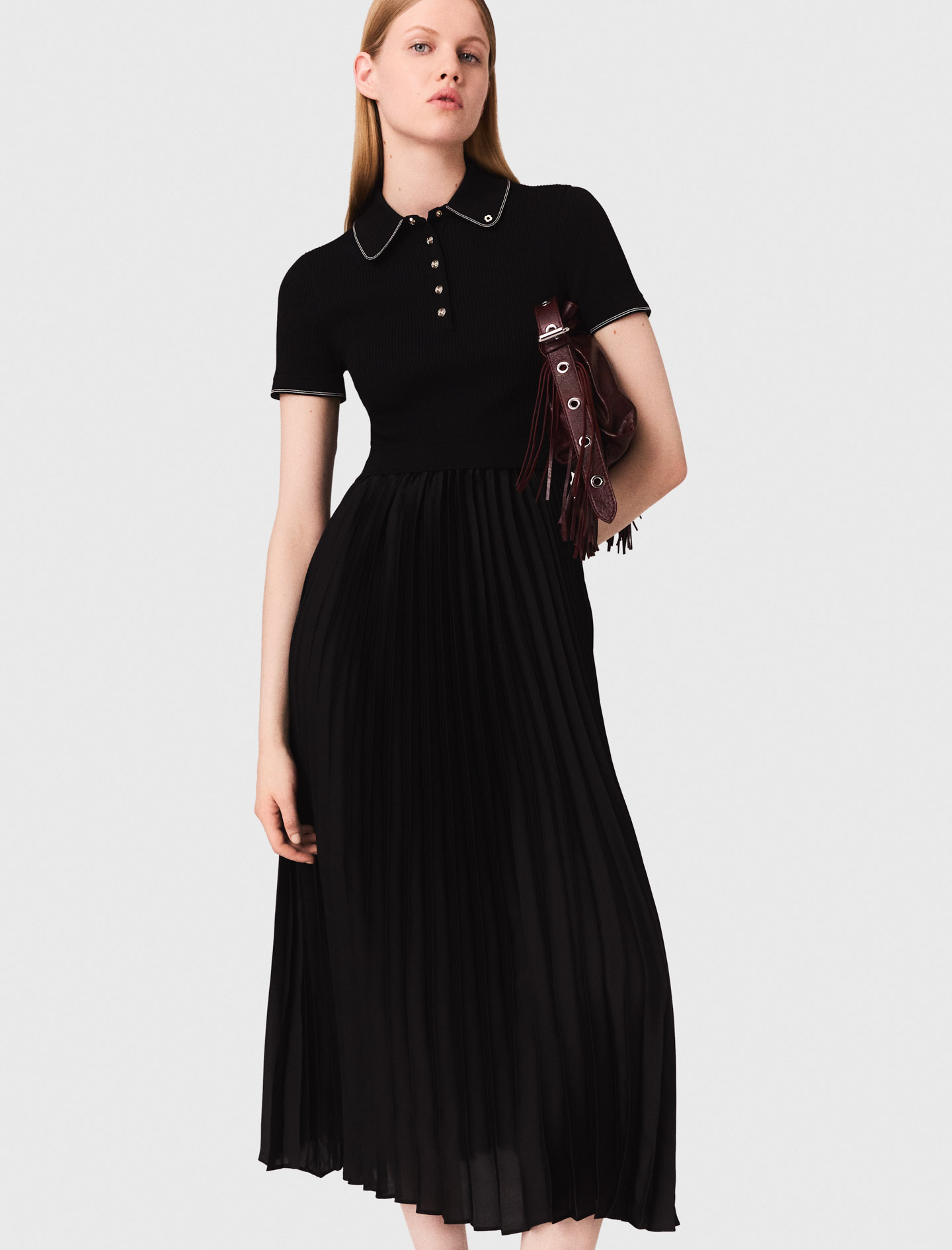 Pleated maxi dress with polo collar - Black