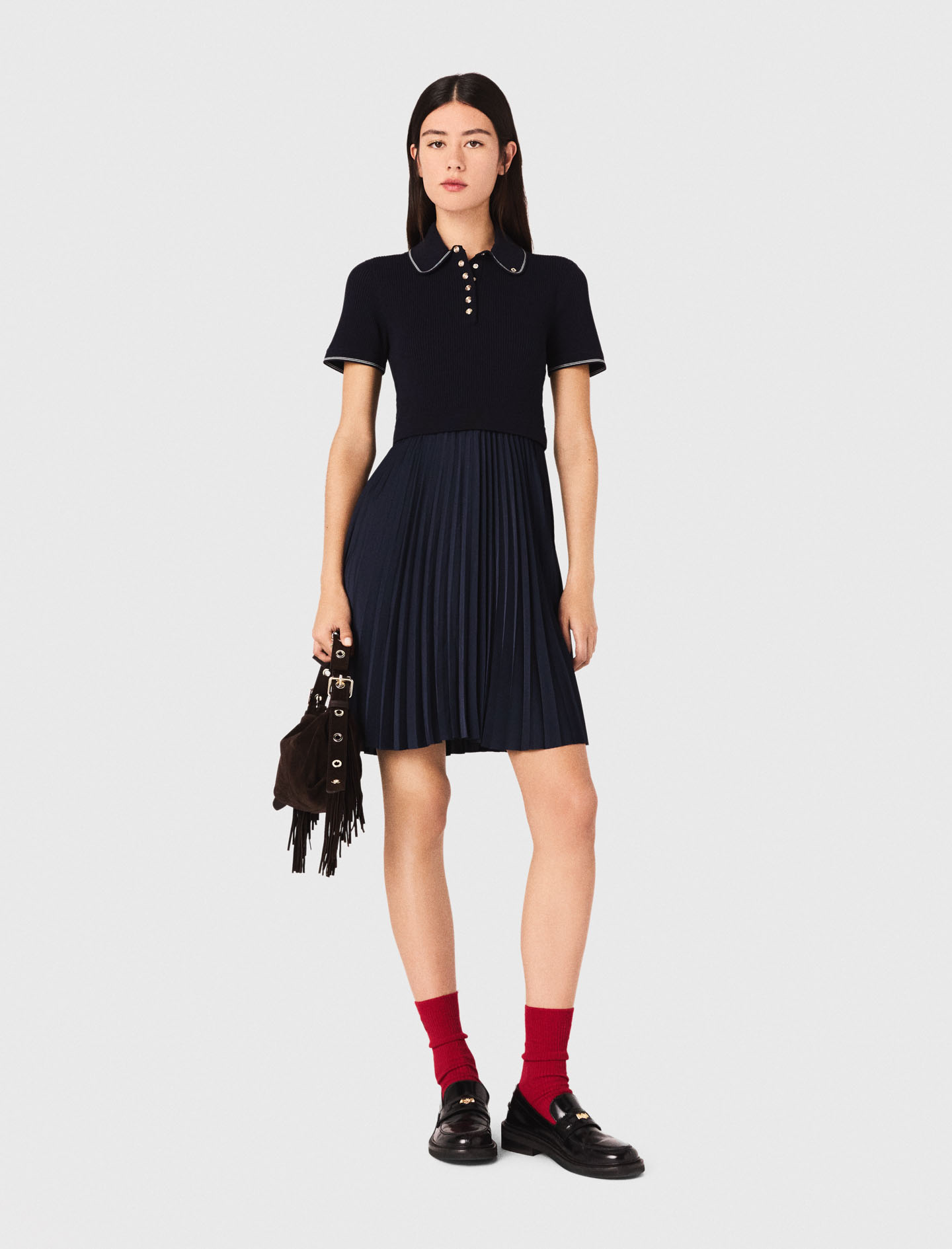 Short pleated polo collar dress - Navy