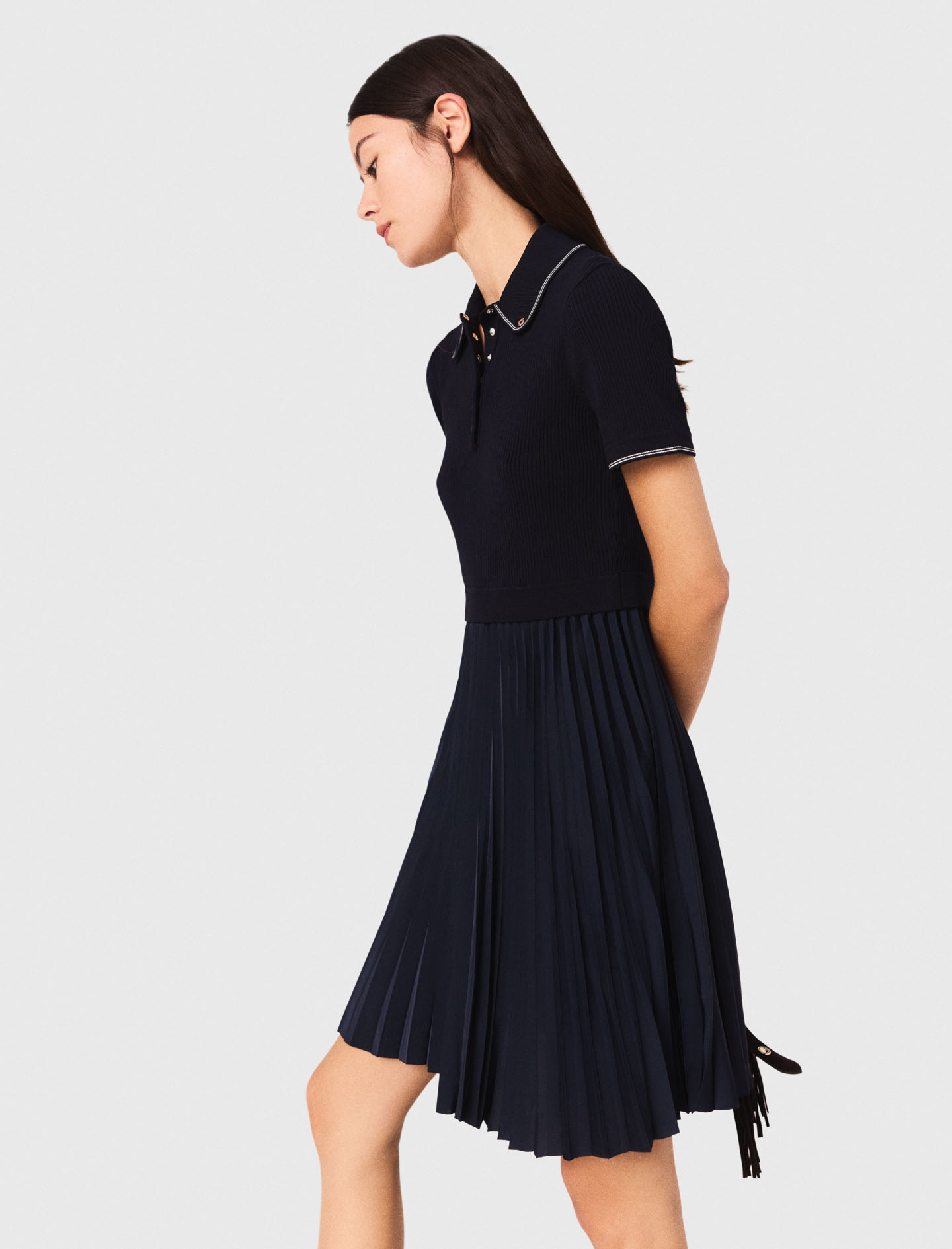 Short pleated polo collar dress - Navy