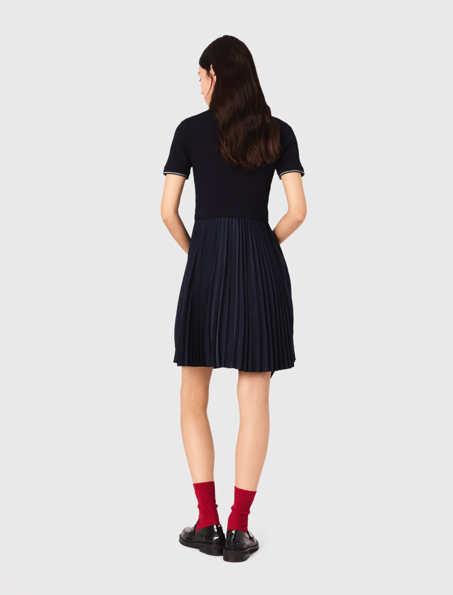 Short pleated polo collar dress - Navy
