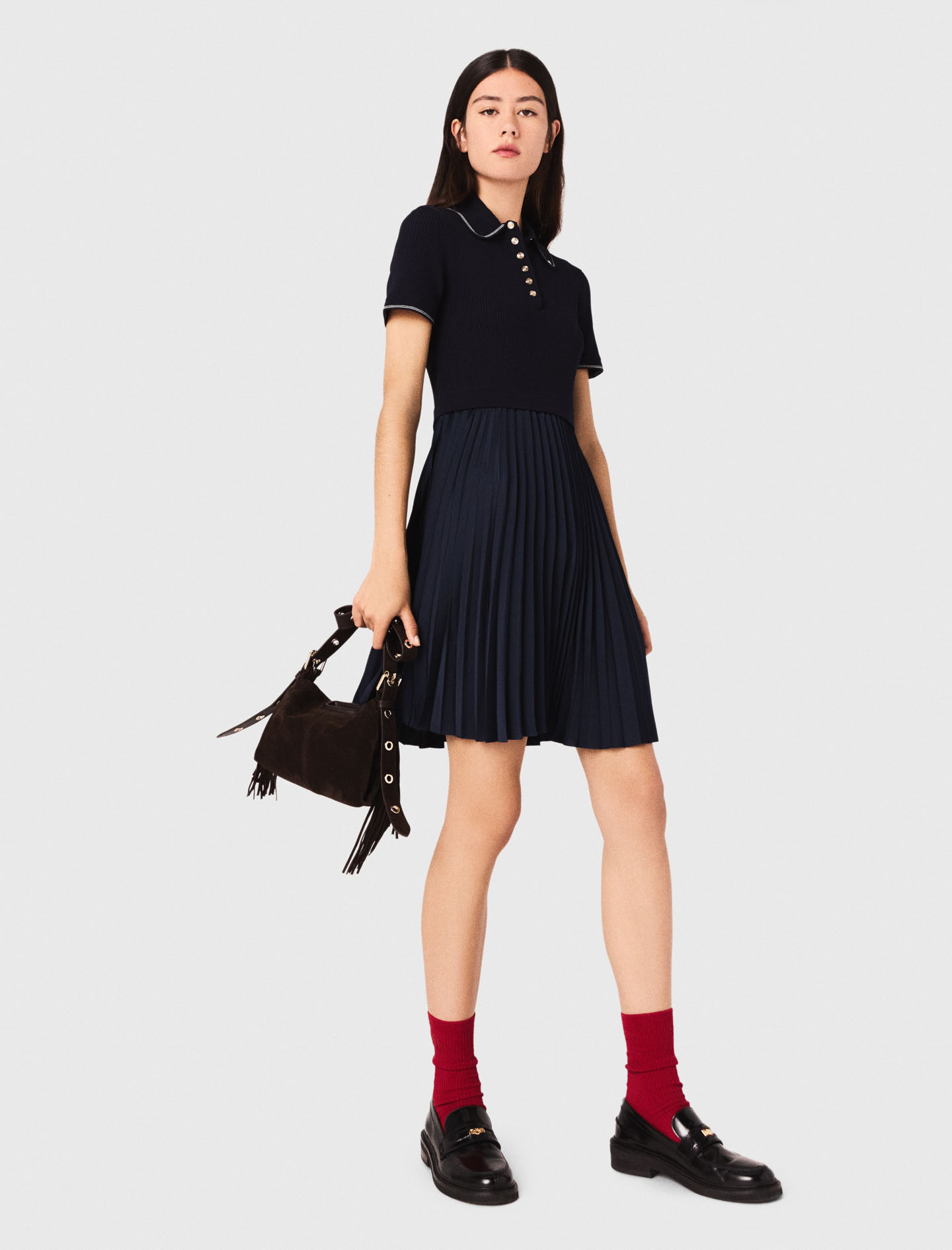 Short pleated polo collar dress - Navy