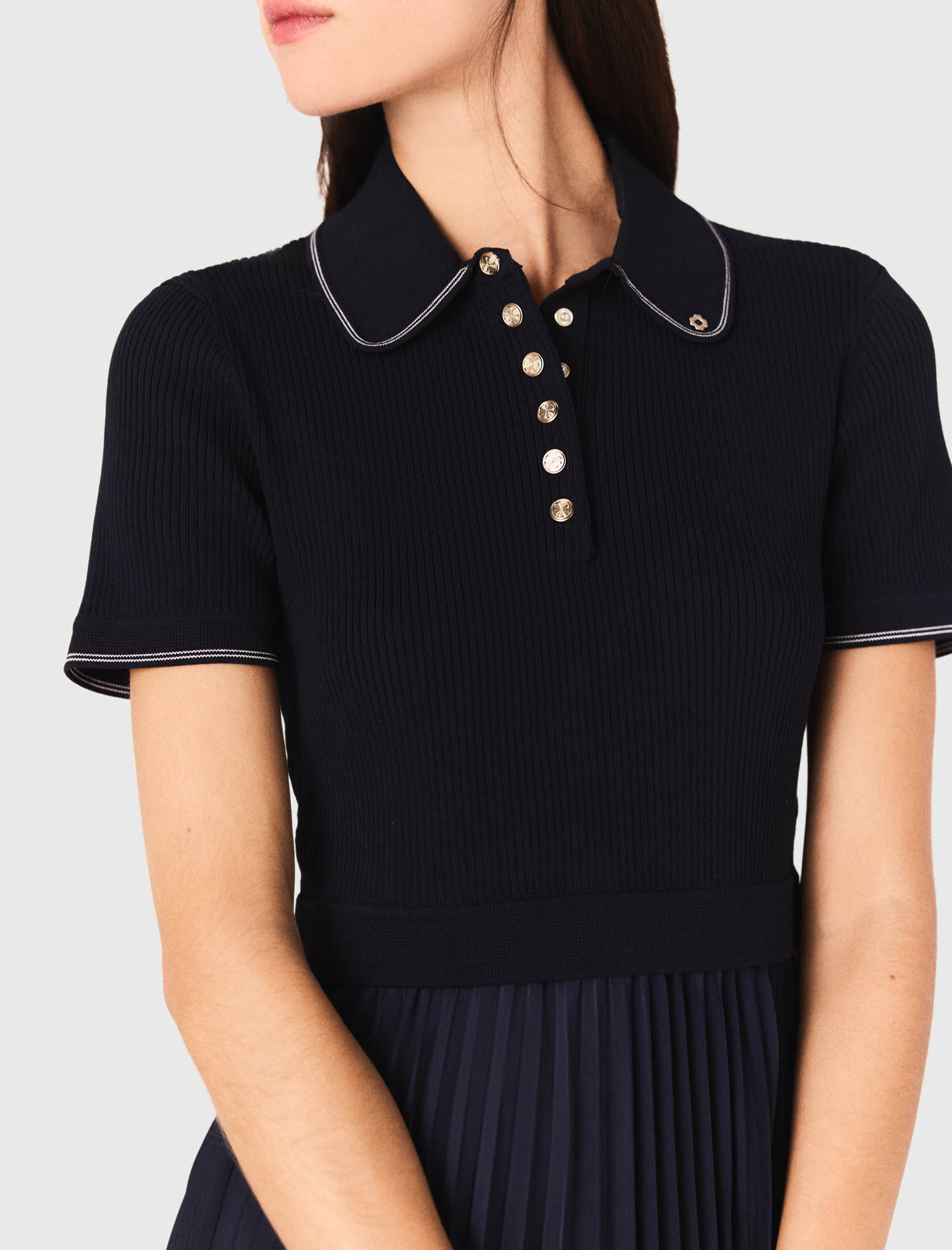 Short pleated polo collar dress - Navy