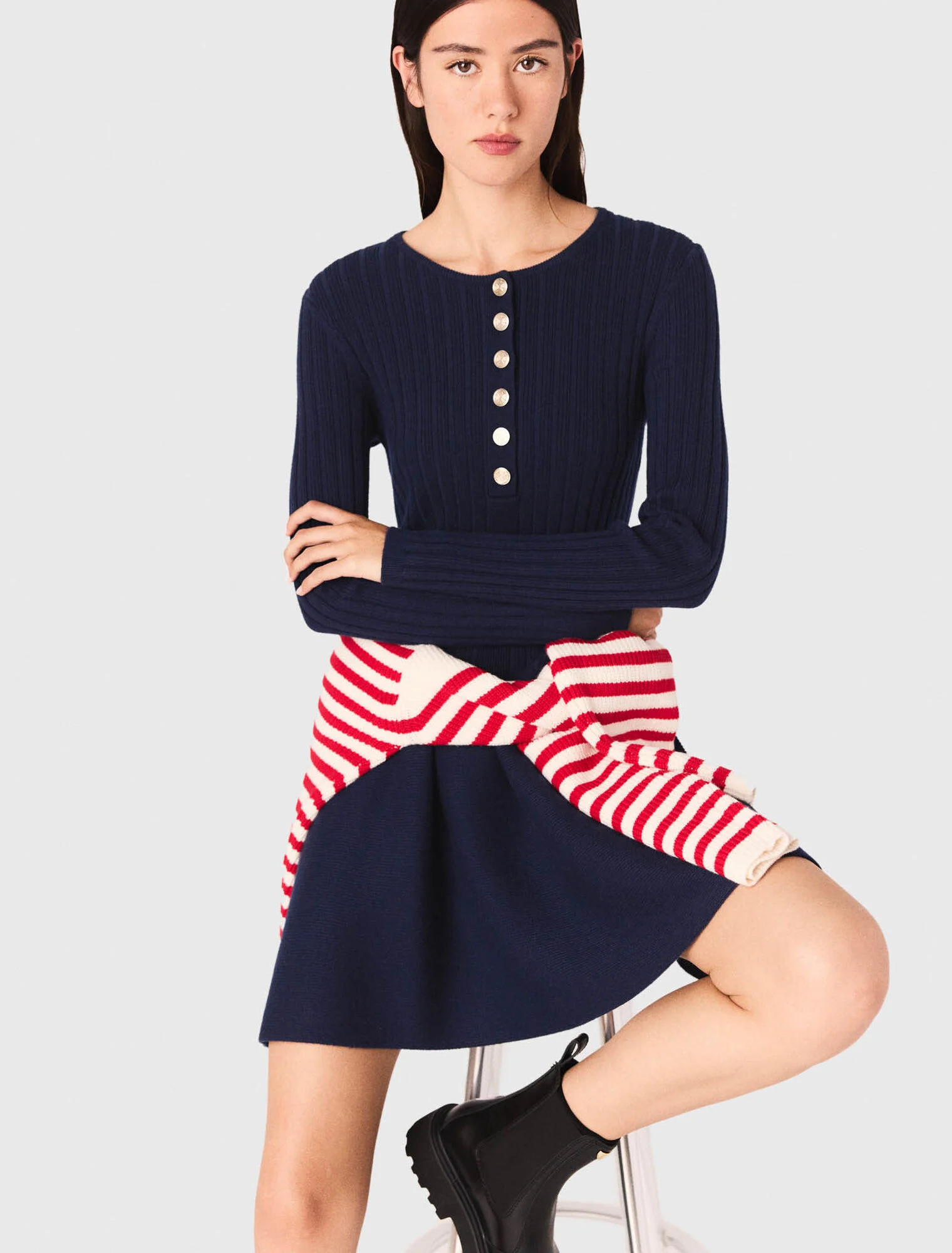 Knit dress with flared skirt - Navy