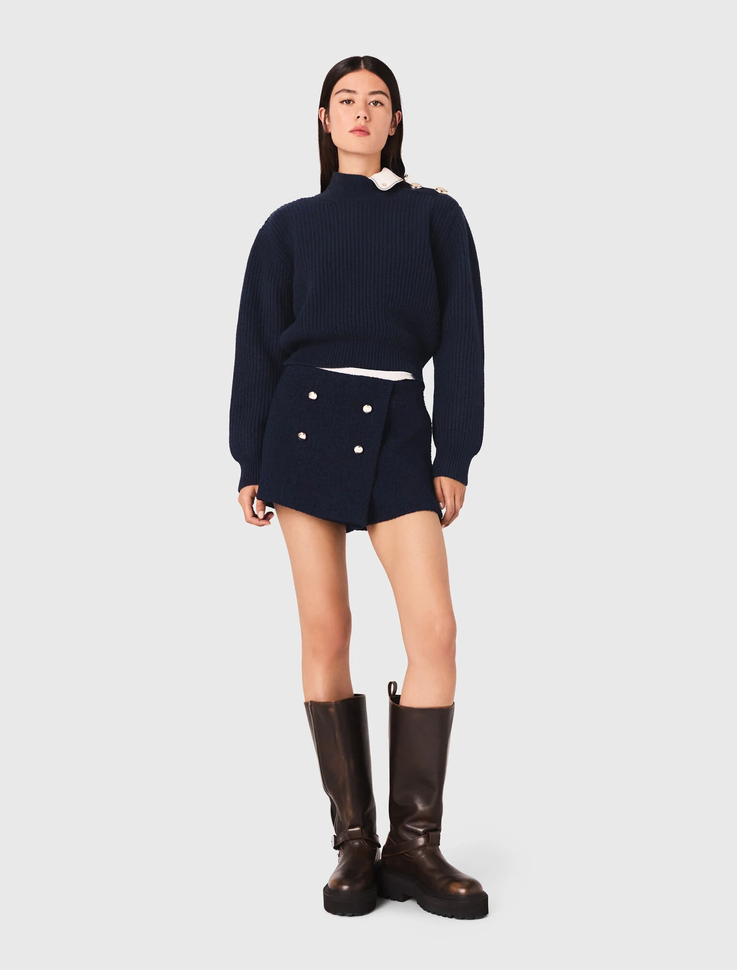 Tweed shorts with contrast band - Navy