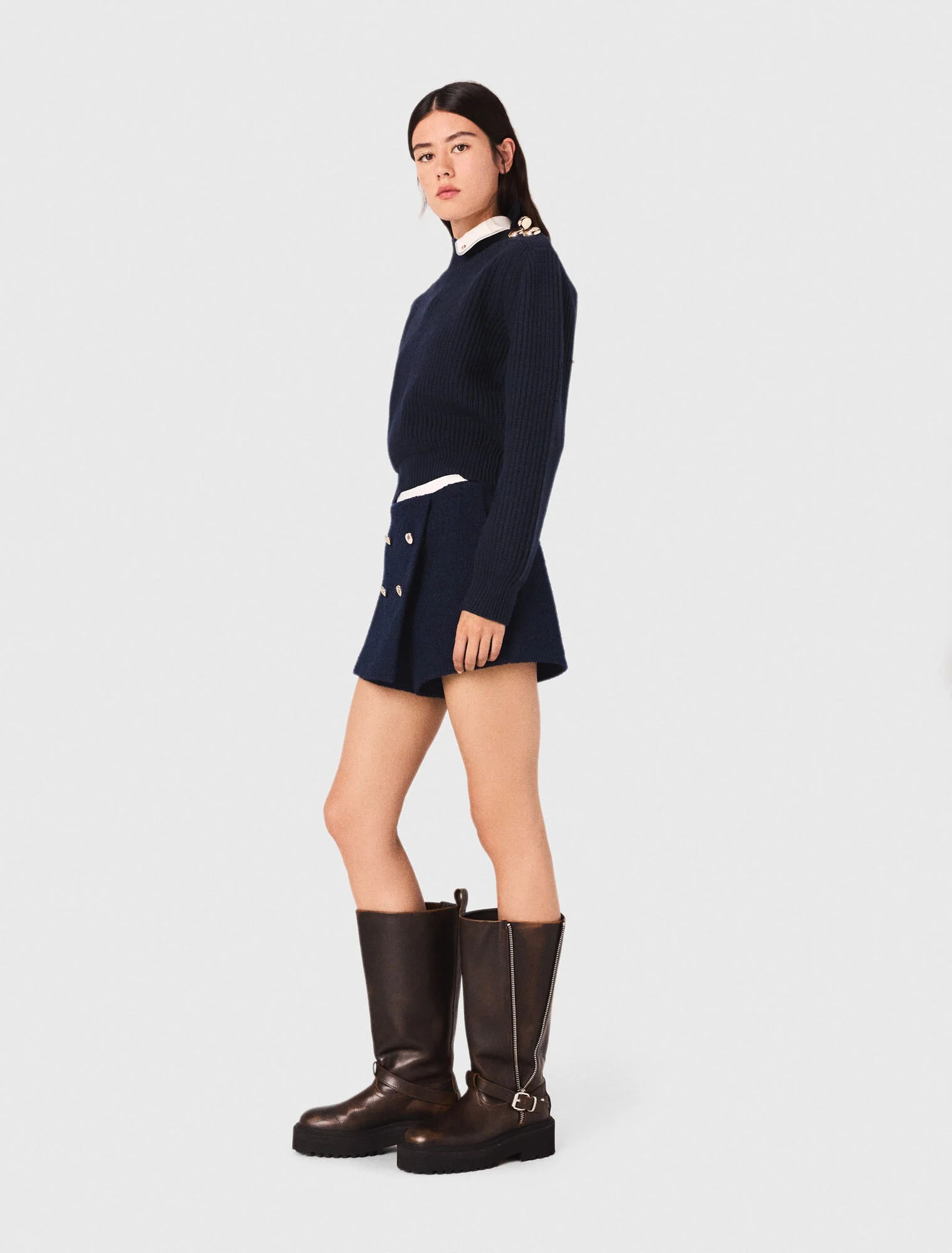 Tweed shorts with contrast band - Navy
