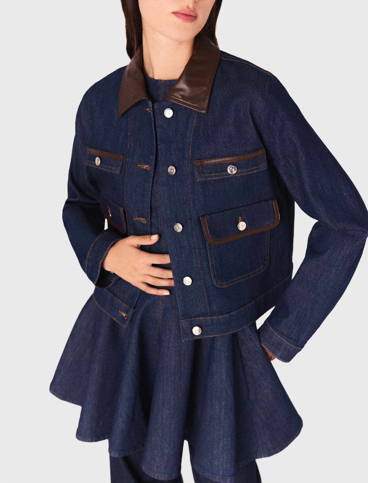 Denim jacket with faux leather - Navy