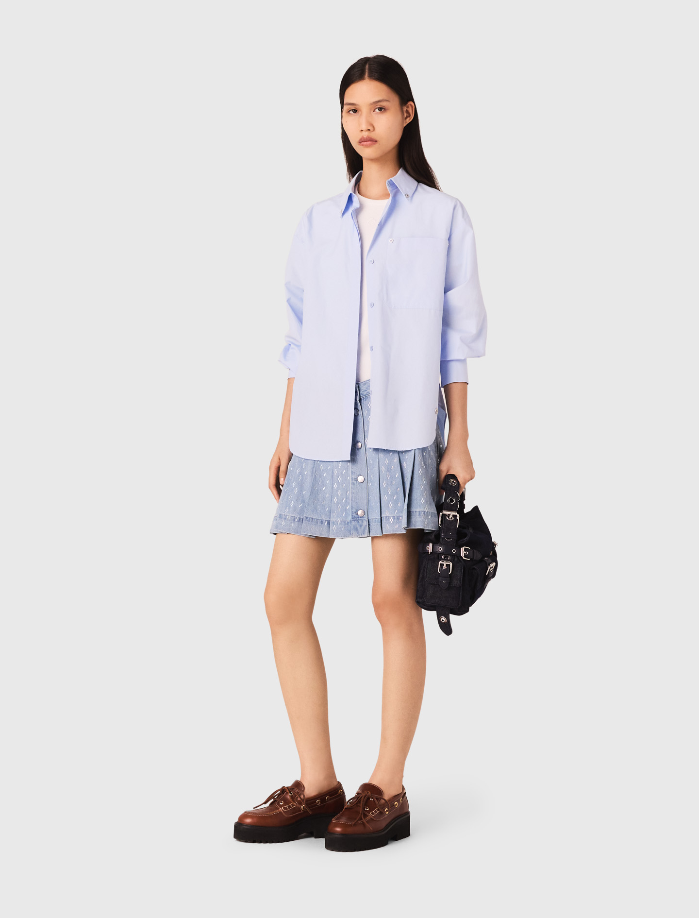 Rhinestone pleated denim skirt - Denim