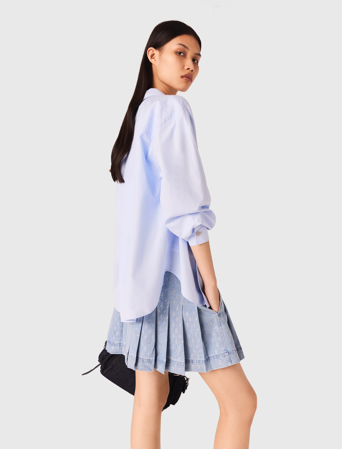 Rhinestone pleated denim skirt - Denim