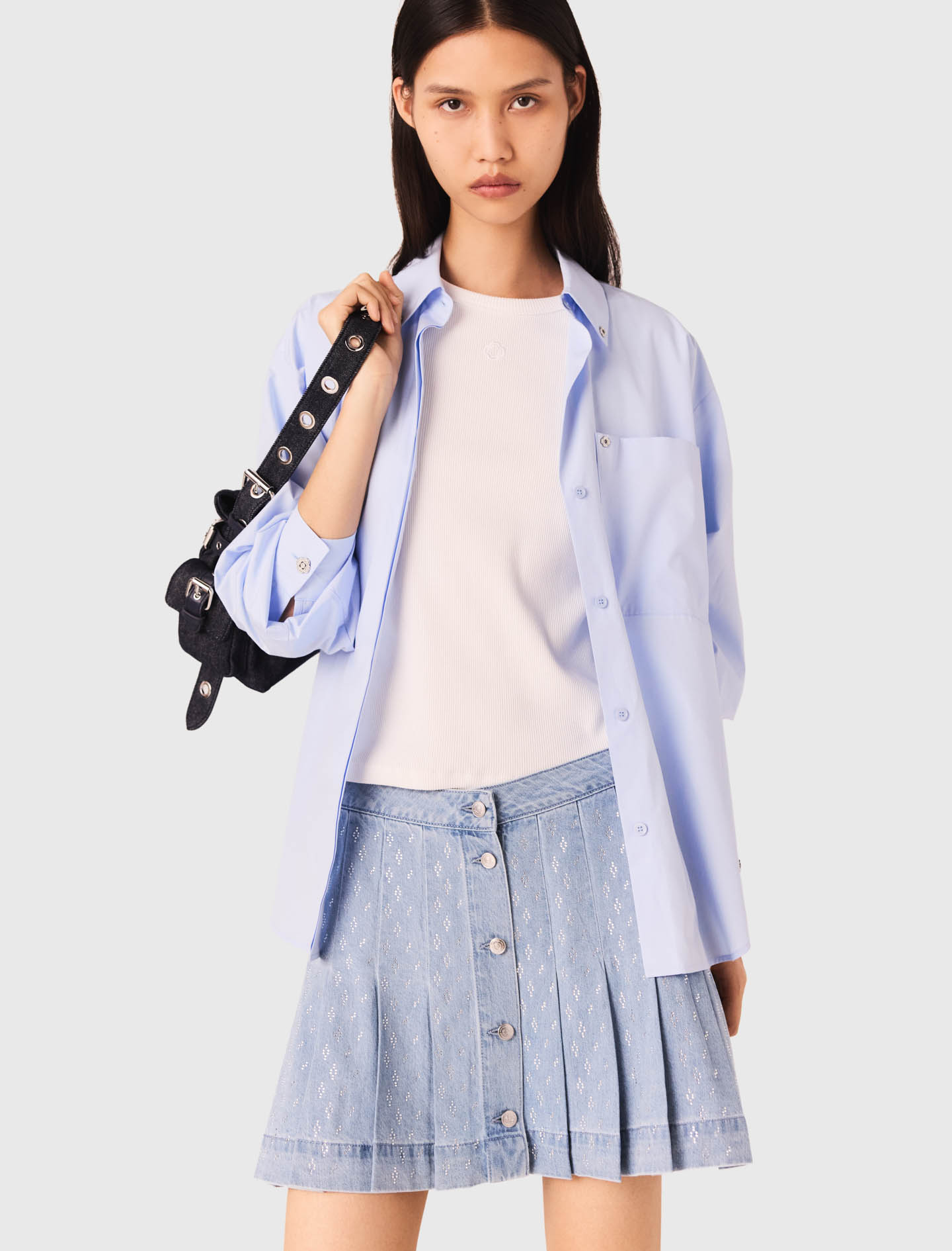 Rhinestone pleated denim skirt - Denim
