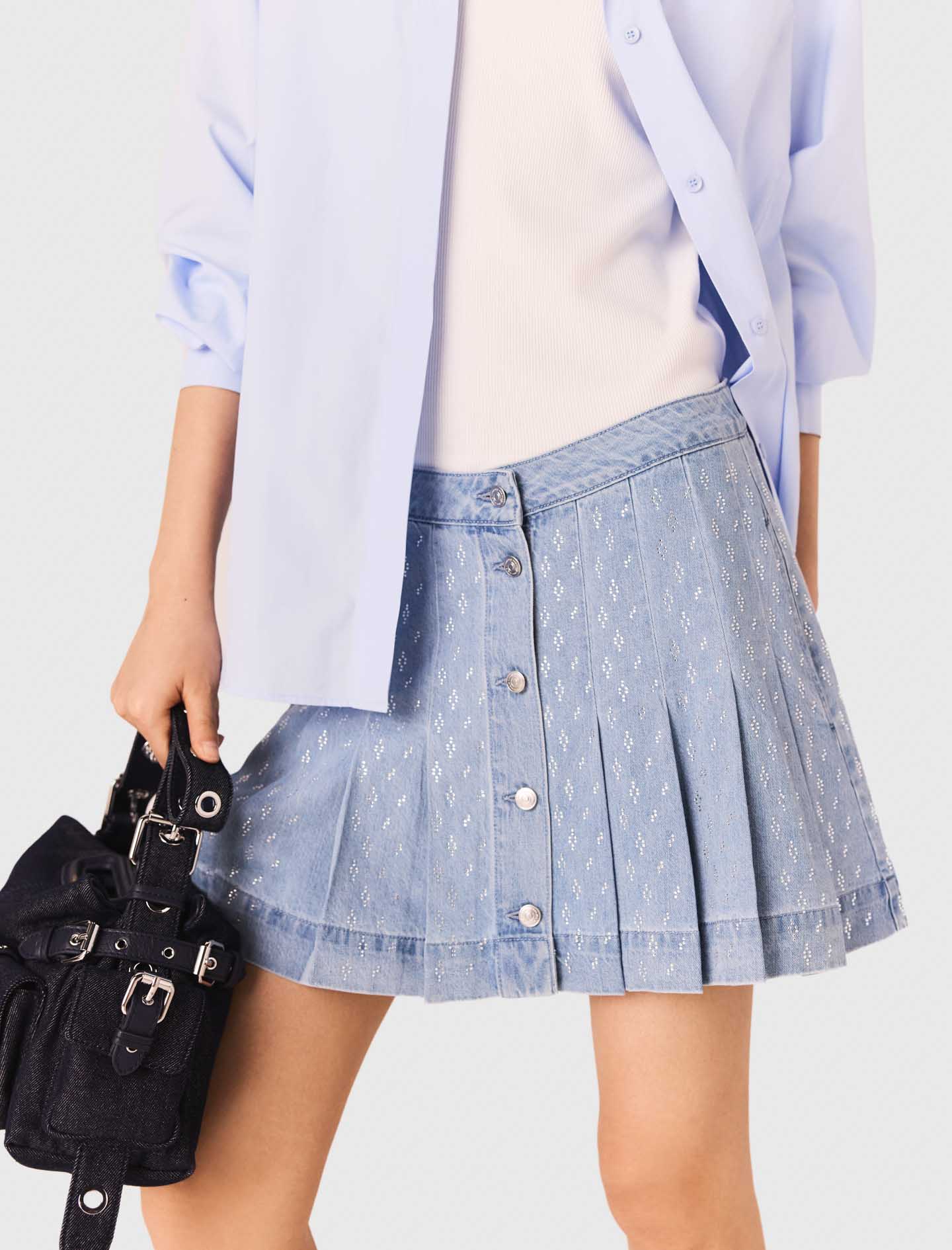 Rhinestone pleated denim skirt - Denim