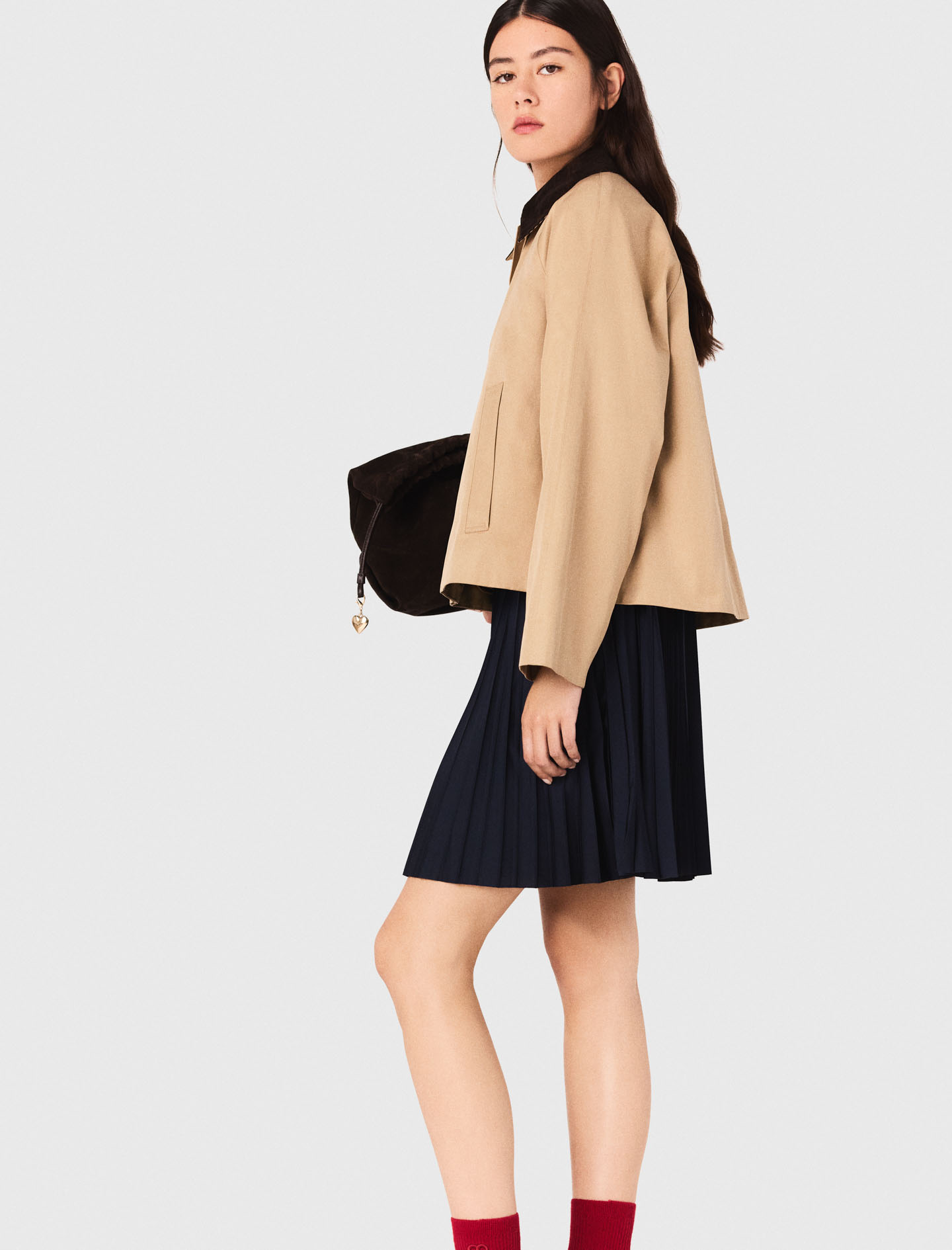 Trapeze jacket with contrast collar - Camel
