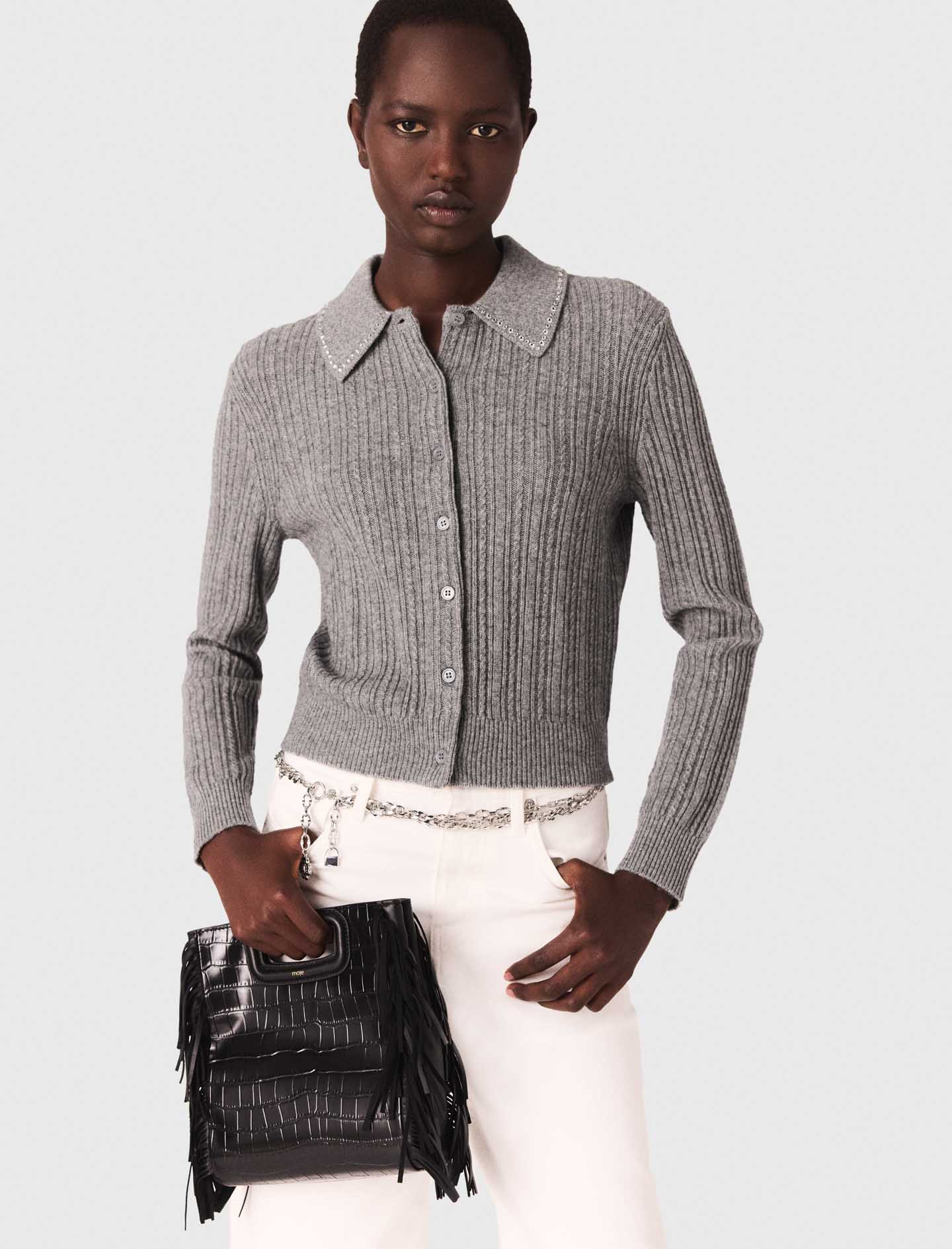 Rhinestone collar cardigan - Grey