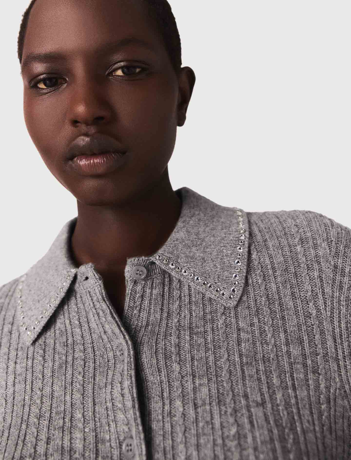 Rhinestone collar cardigan - Grey